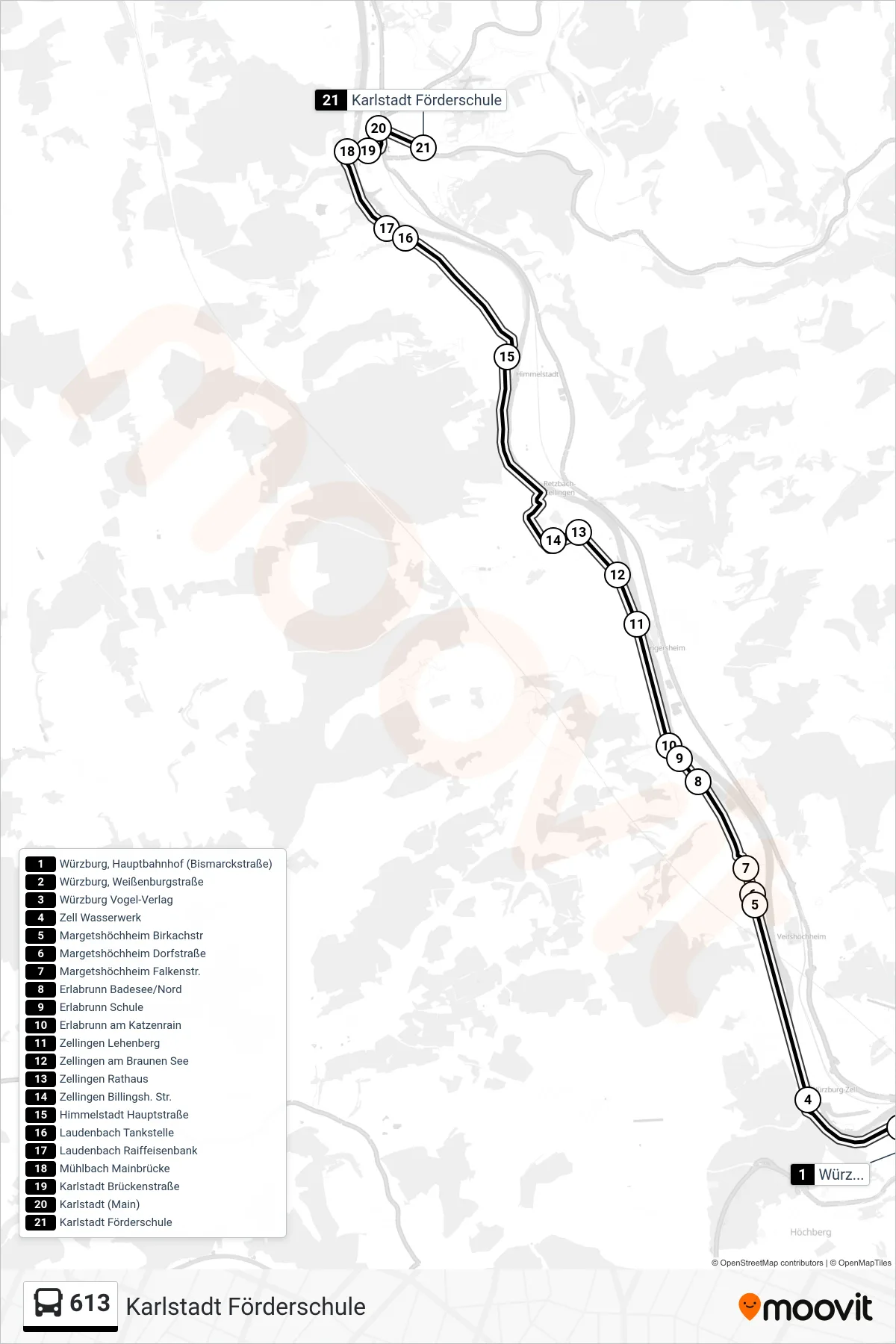613 bus Line (Karlstadt Förderschule) route and stops on a map