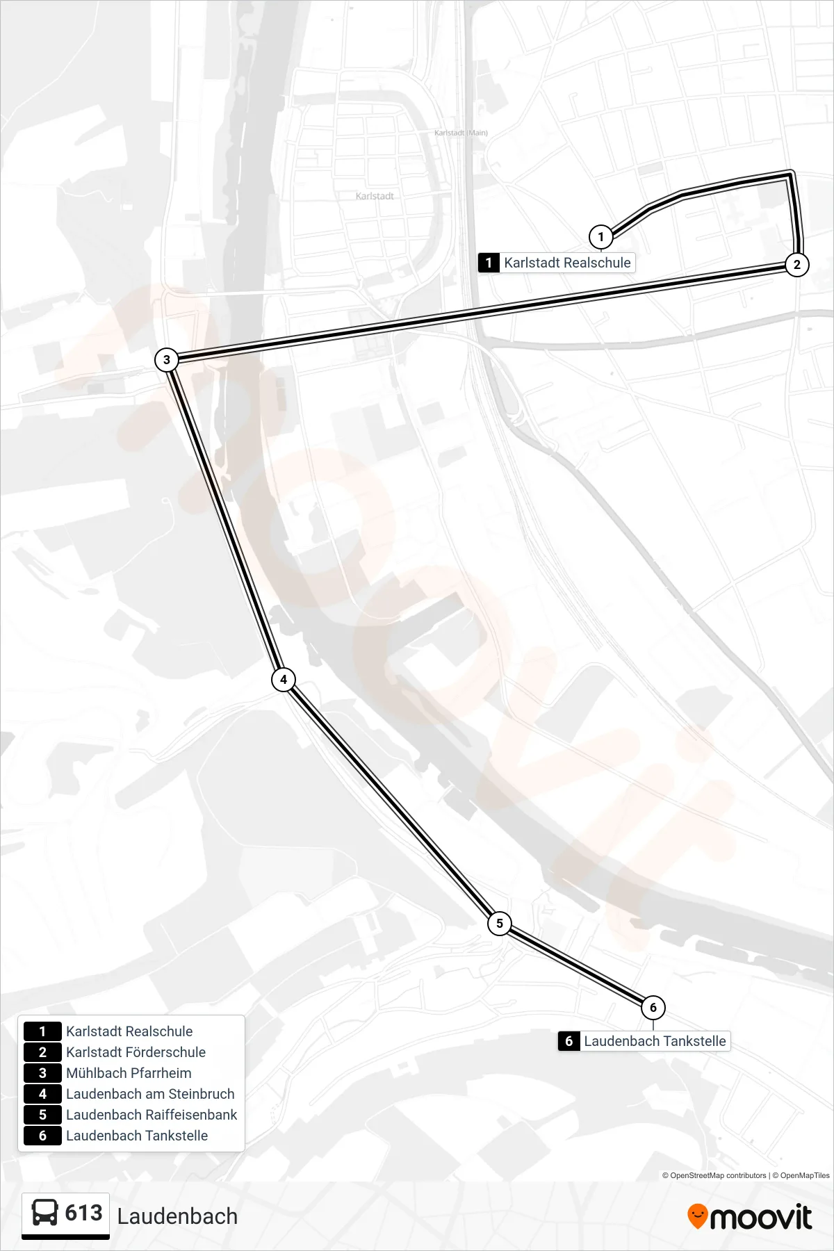 613 bus Line (Laudenbach) route and stops on a map
