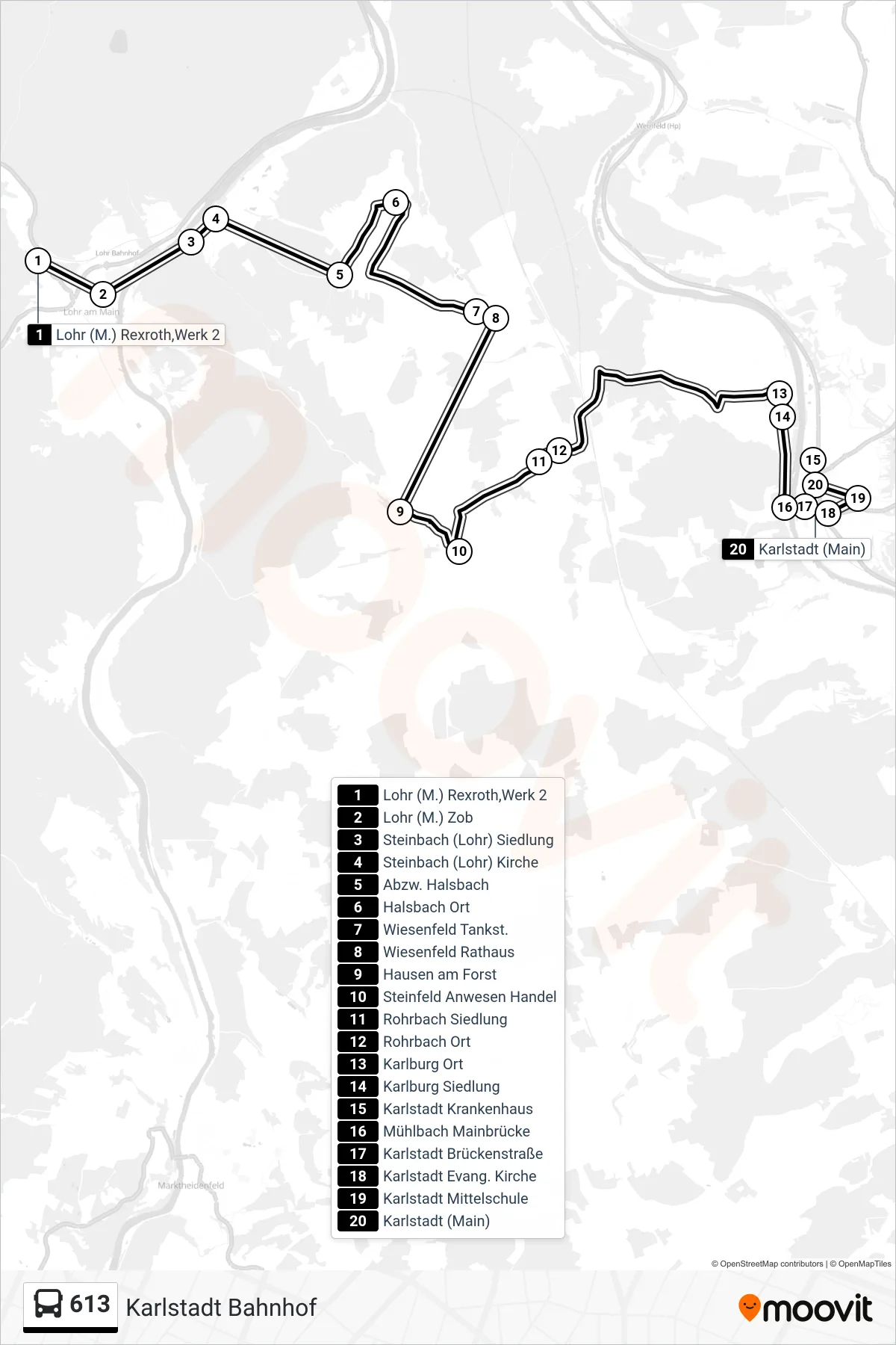 Linie 613 (Bus) Richtung Karlstadt Bahnhof: Route und Haltestellen auf der Karte