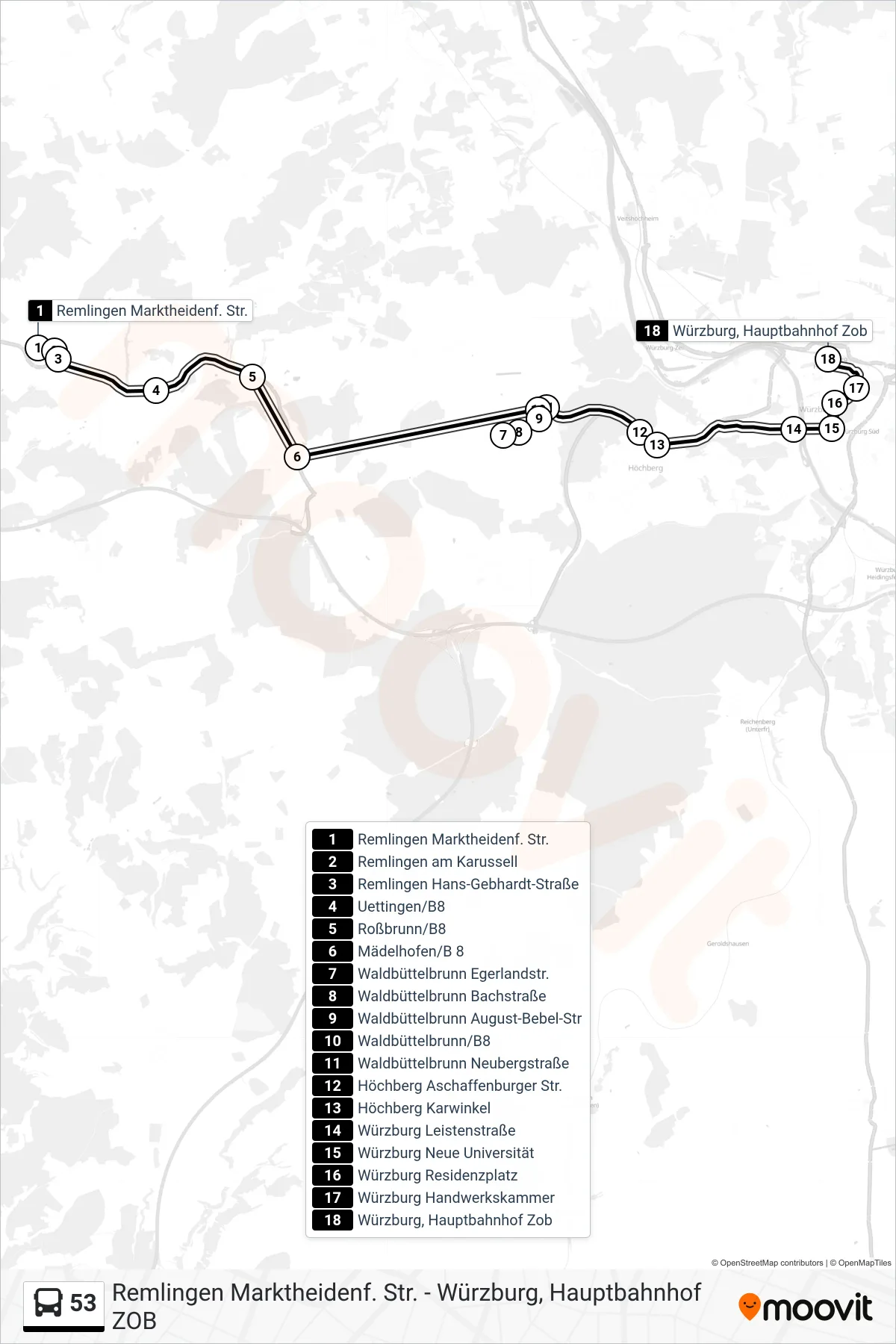 Linie 53 (Bus) Richtung Würzburg, Hauptbahnhof Zob: Route und Haltestellen auf der Karte