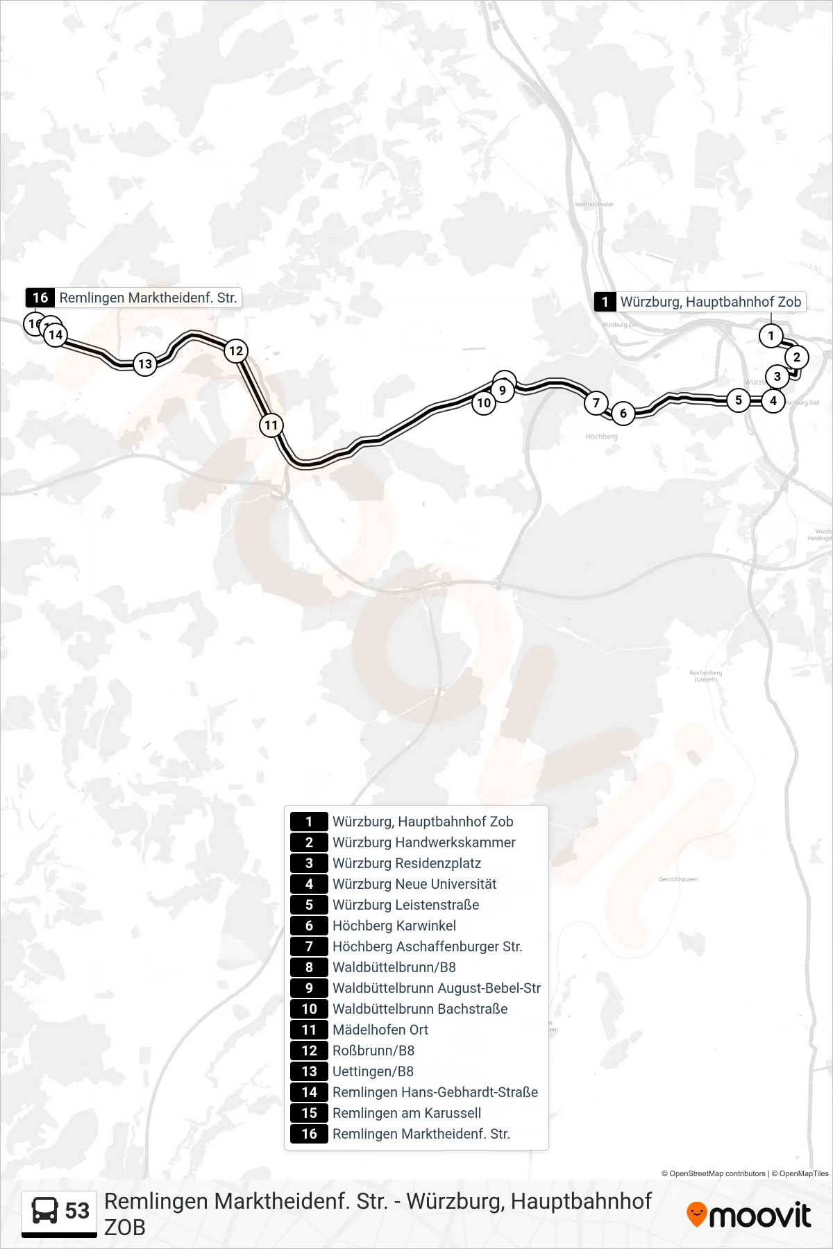 53 bus Line (Remlingen Marktheidenf. Str.) route and stops on a map