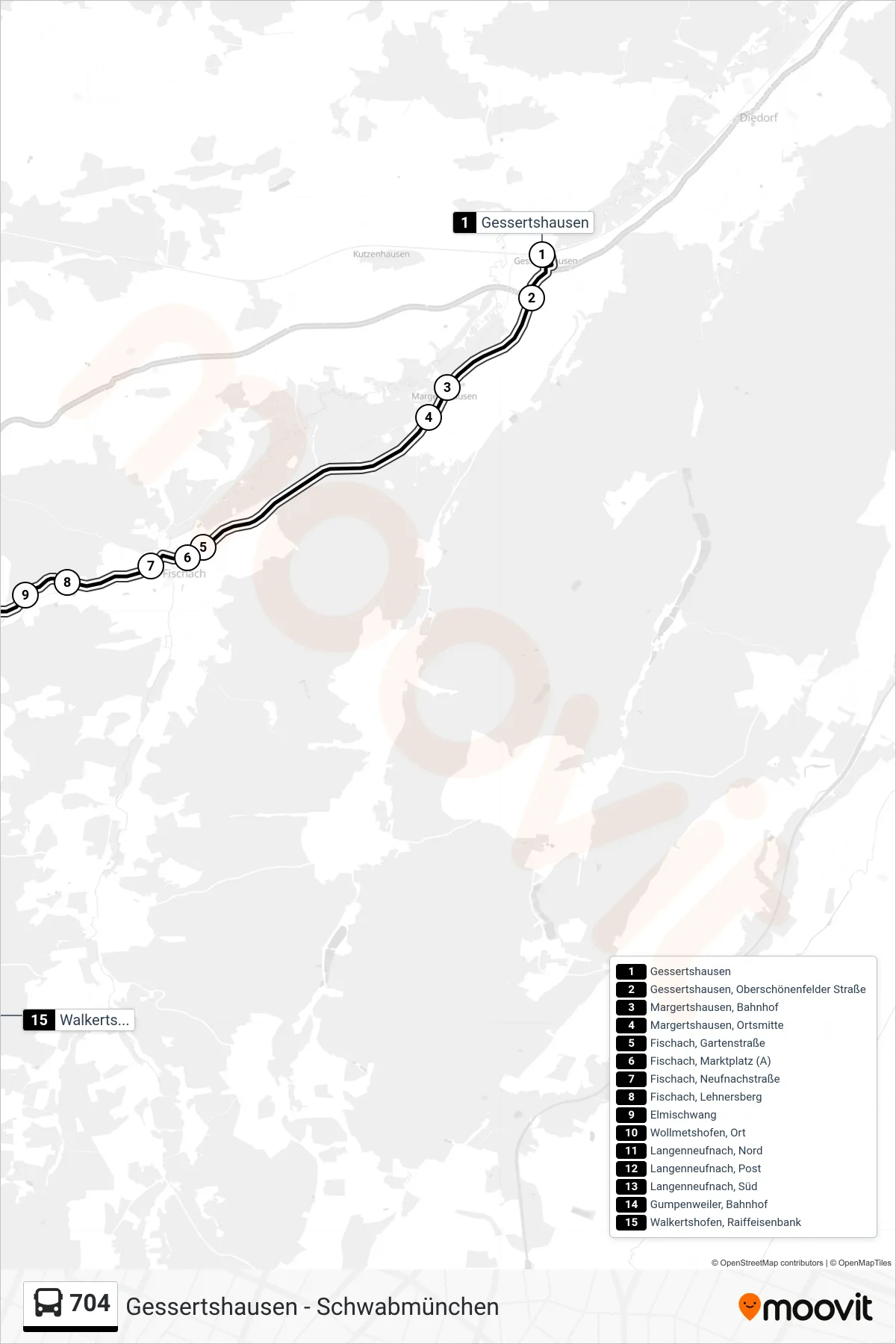 704 bus Line (Walkertshofen, Raiffeisenbank) route and stops on a map