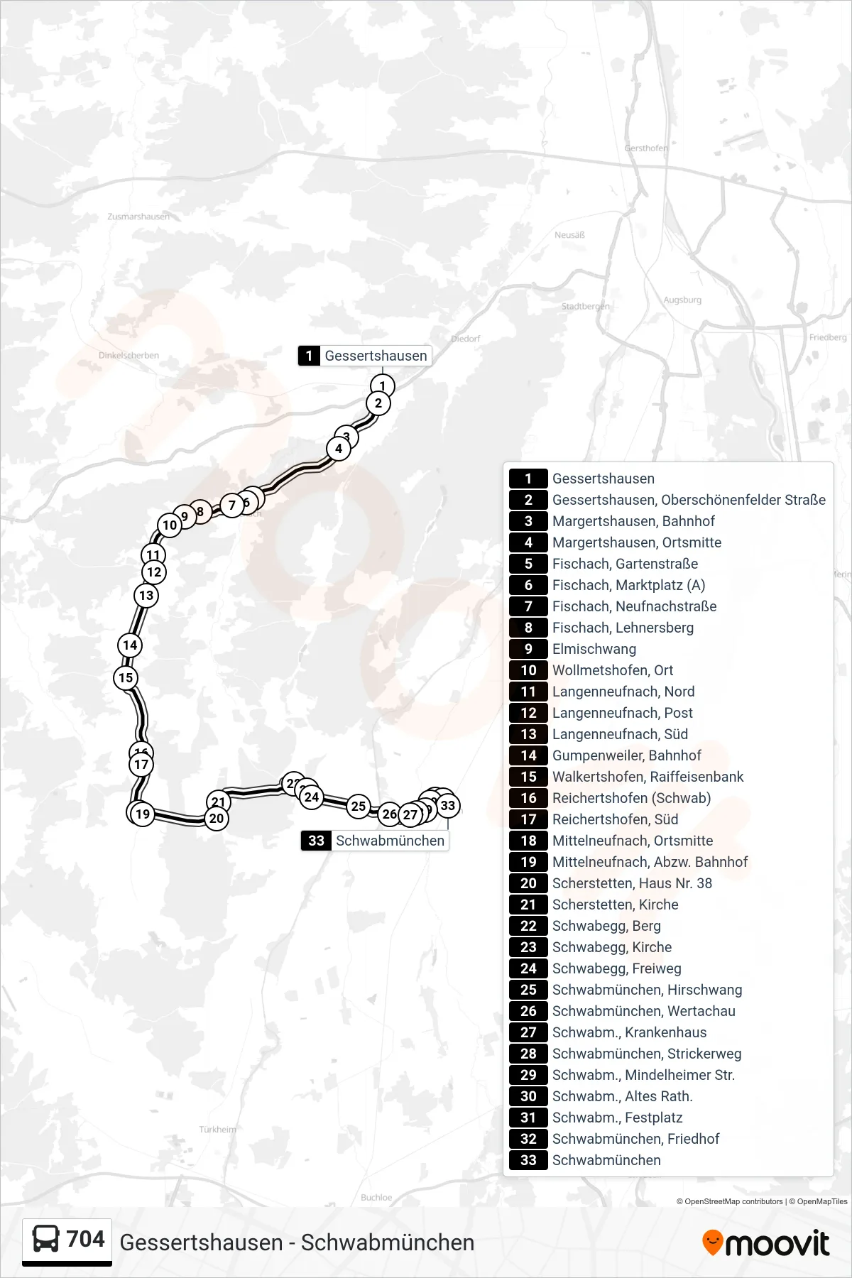 Linie 704 (Bus) Richtung Schwabmünchen Bahnhof: Route und Haltestellen auf der Karte