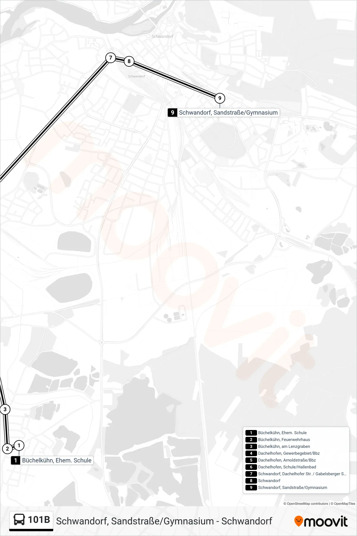 101B bus Line (Sandstraße/Amtsgericht) route and stops on a map