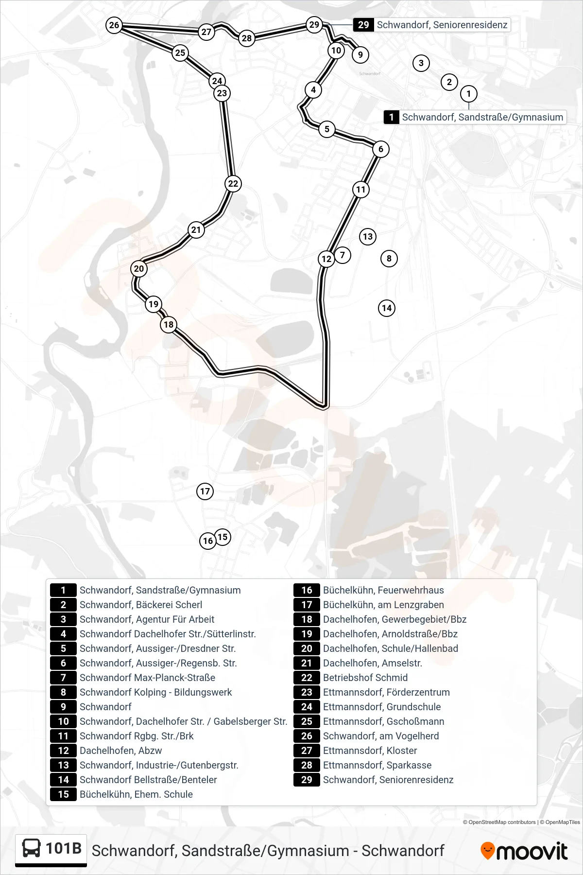 101B bus Line (Schwandorf) route and stops on a map