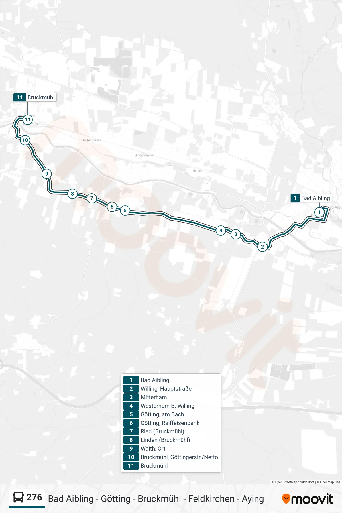 Linie 276 (Bus) Richtung Bruckmühl: Route und Haltestellen auf der Karte