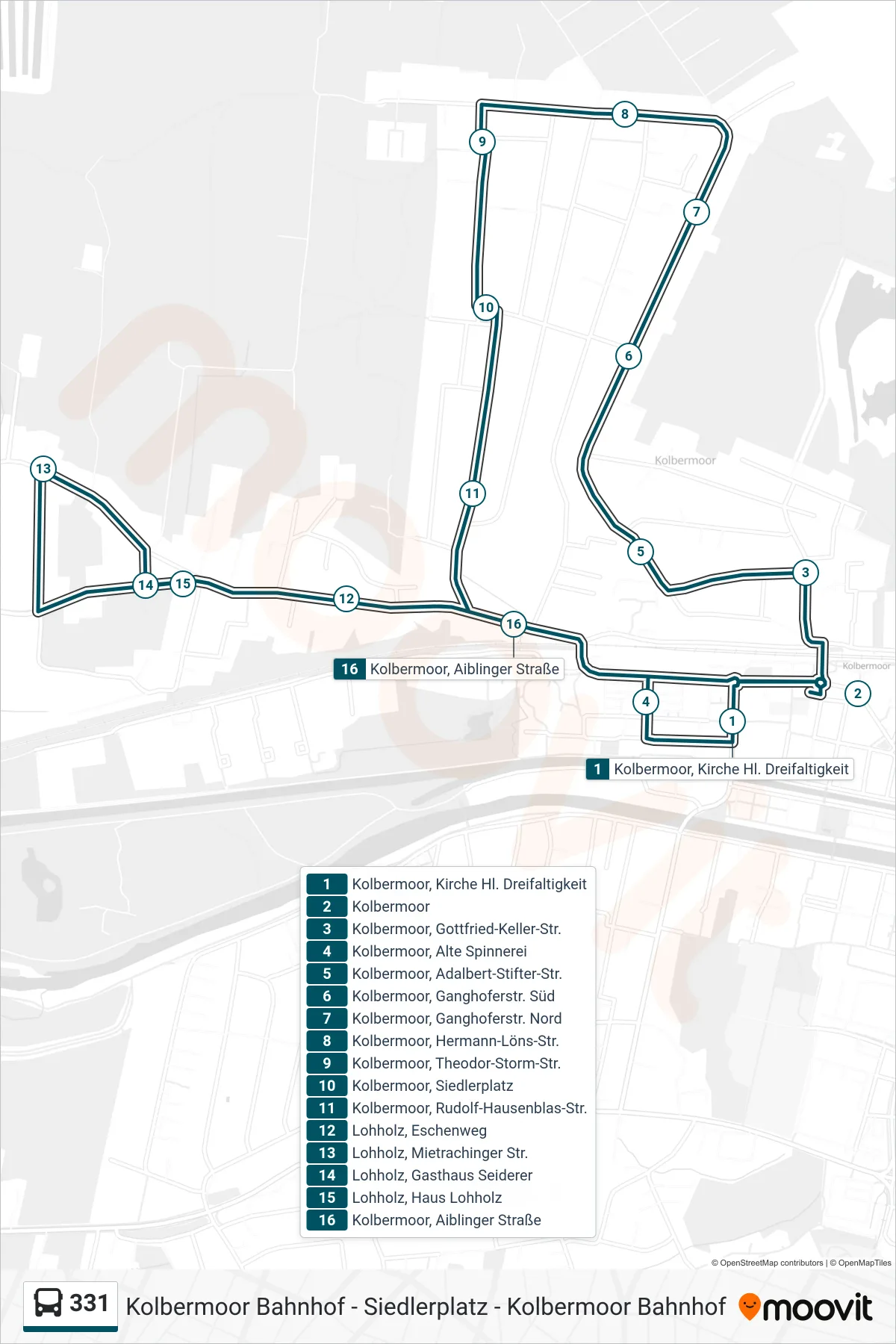 331 bus Line (Kolbermoor) route and stops on a map