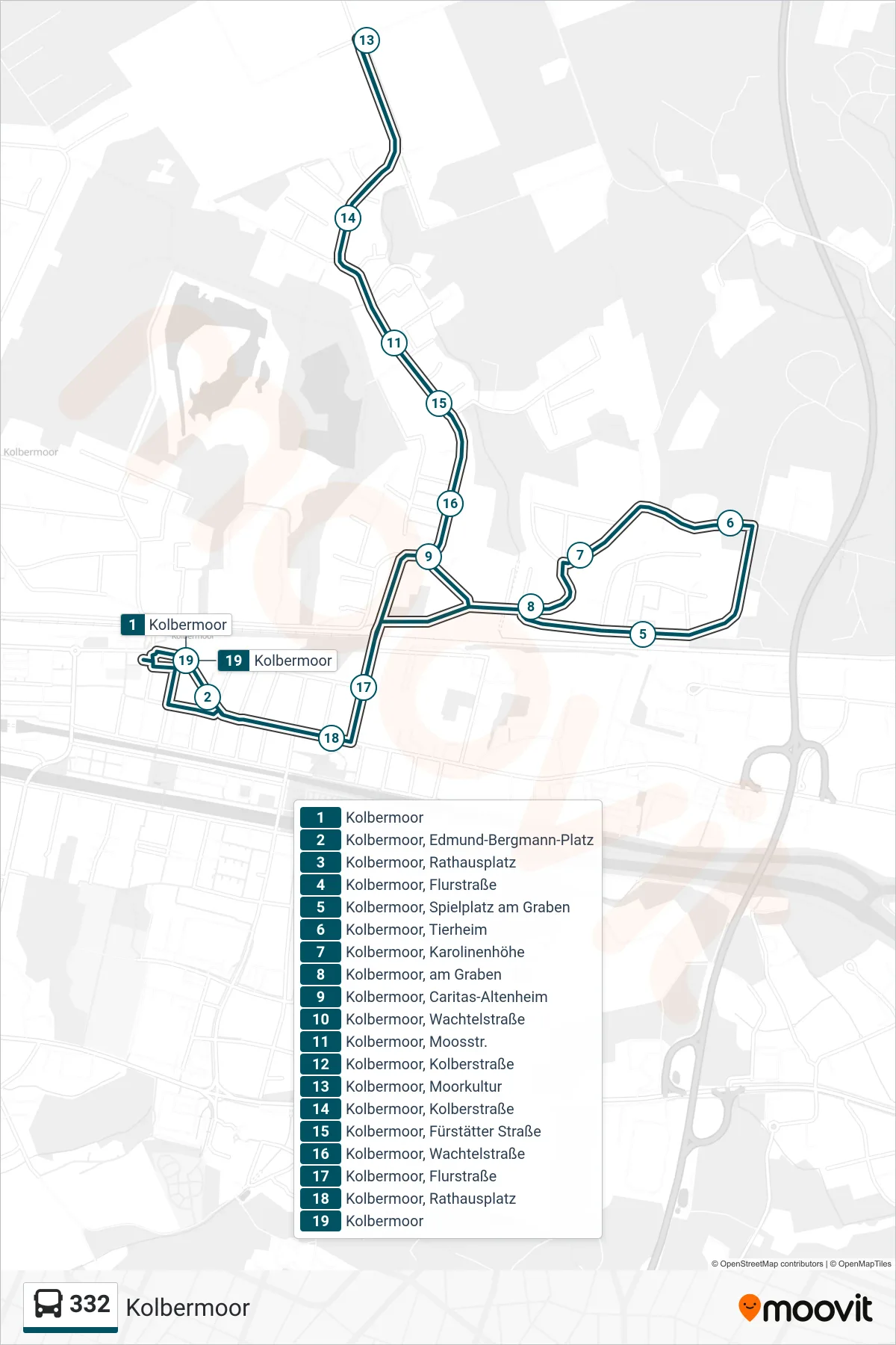 332 bus Line (Kolbermoor) route and stops on a map
