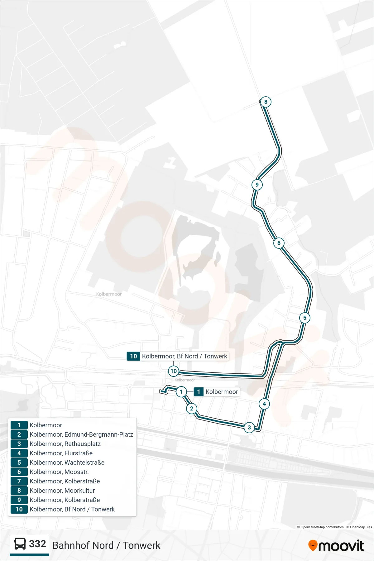 Linie 332 (Bus) Richtung Bahnhof Nord / Tonwerk: Route und Haltestellen auf der Karte