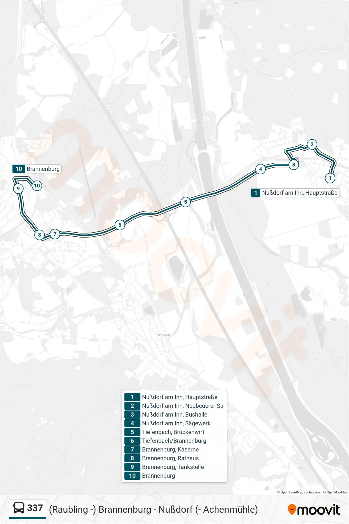 337 bus Line (Brannenburg) route and stops on a map