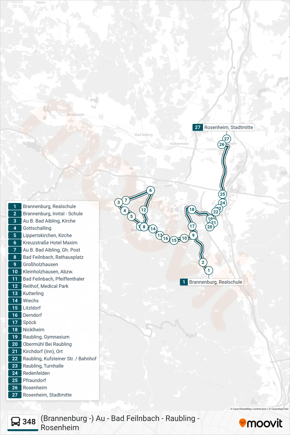 348 bus Line (Stadtmitte) route and stops on a map