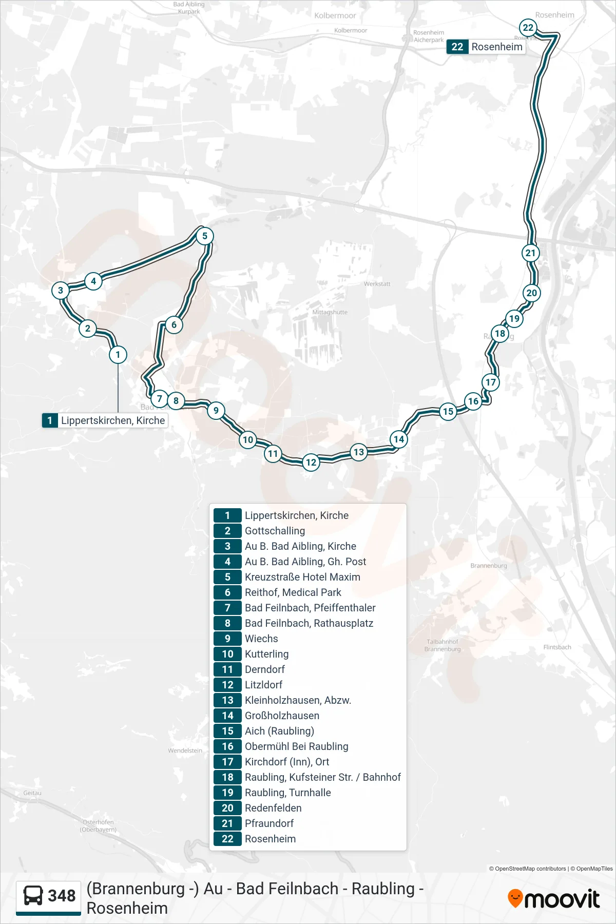 348 bus Line (Rosenheim) route and stops on a map