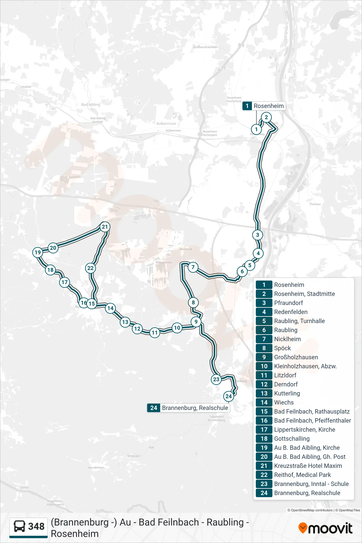 348 bus Line (Realschule) route and stops on a map