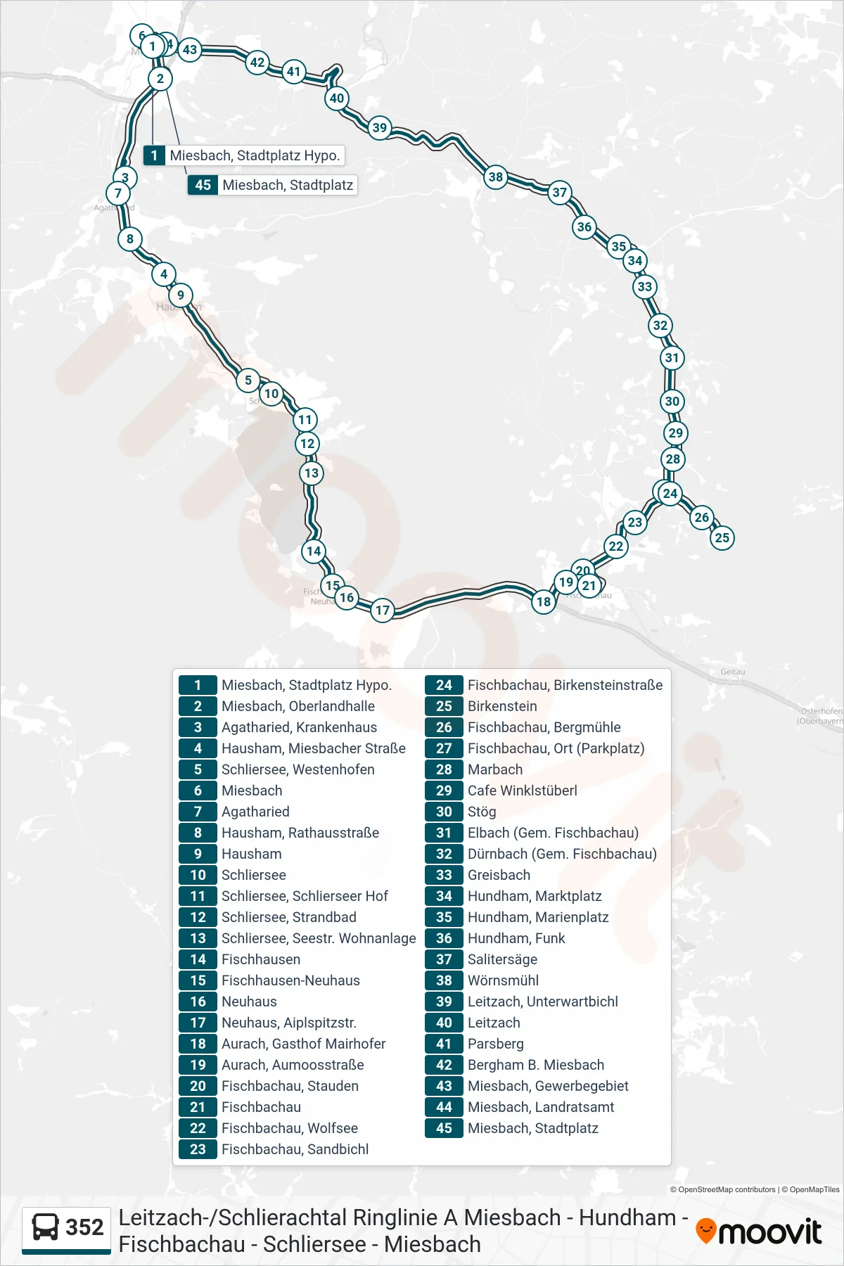 Linie 352 (Bus) Richtung Miesbach: Route und Haltestellen auf der Karte