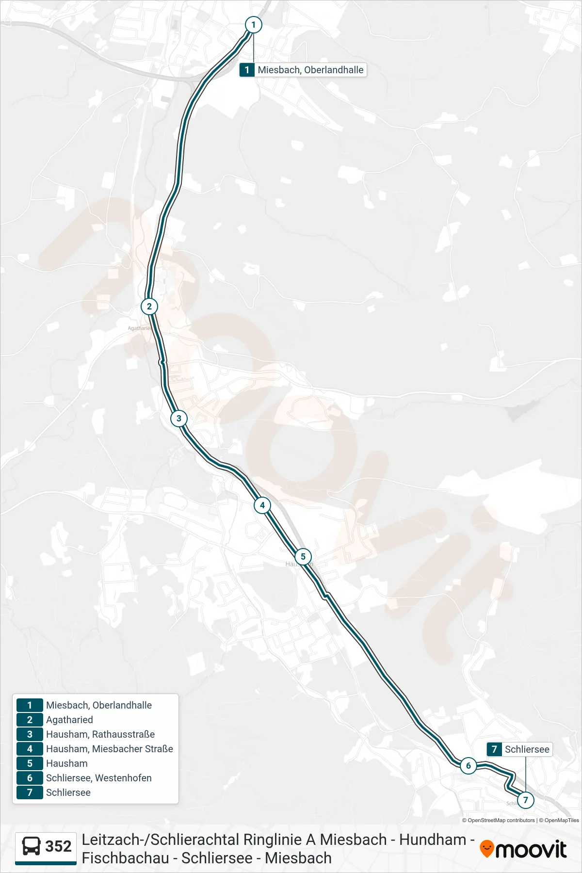 352 bus Line (Schliersee) route and stops on a map