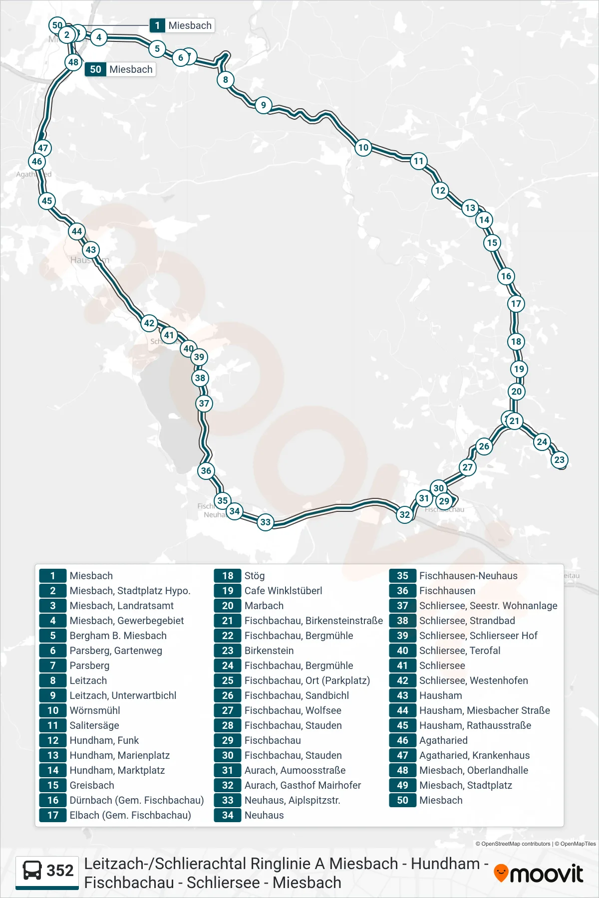 352 bus Line (Miesbach) route and stops on a map