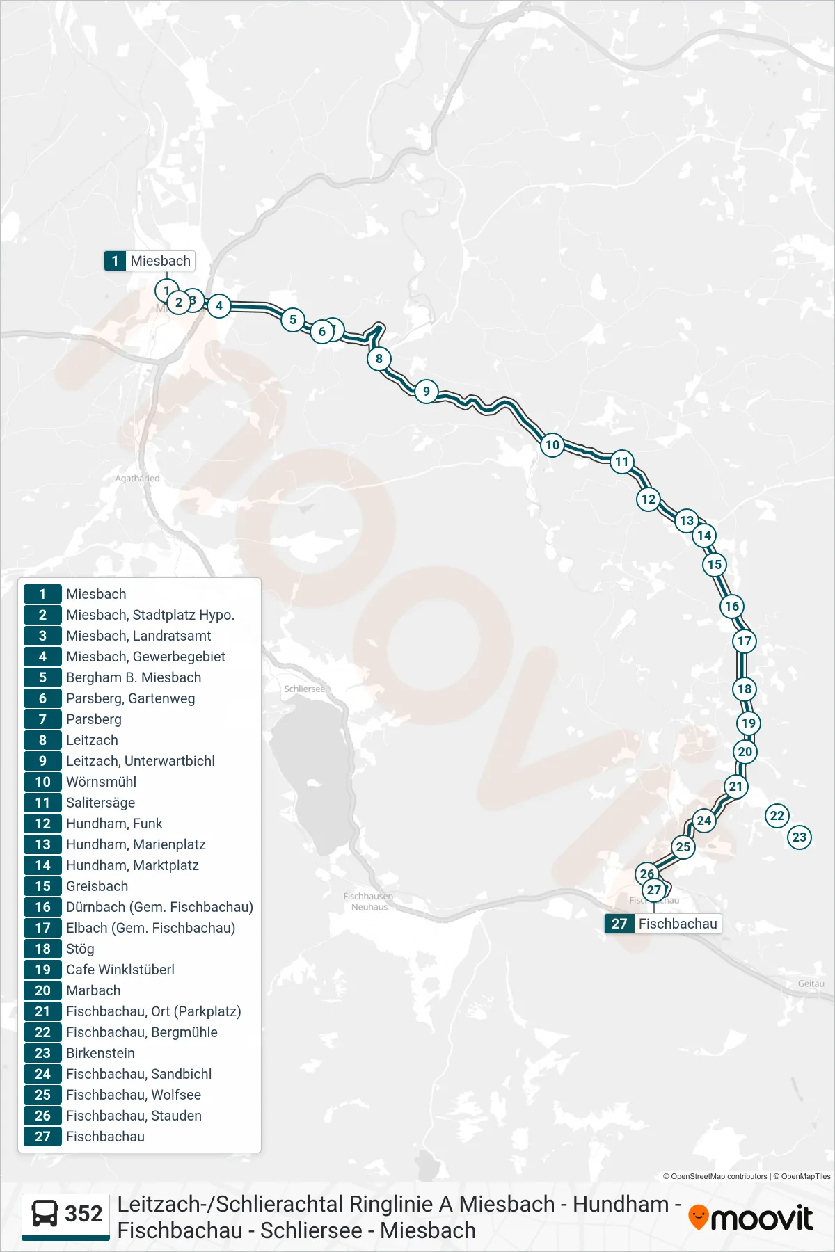 352 bus Line (Fischbachau) route and stops on a map