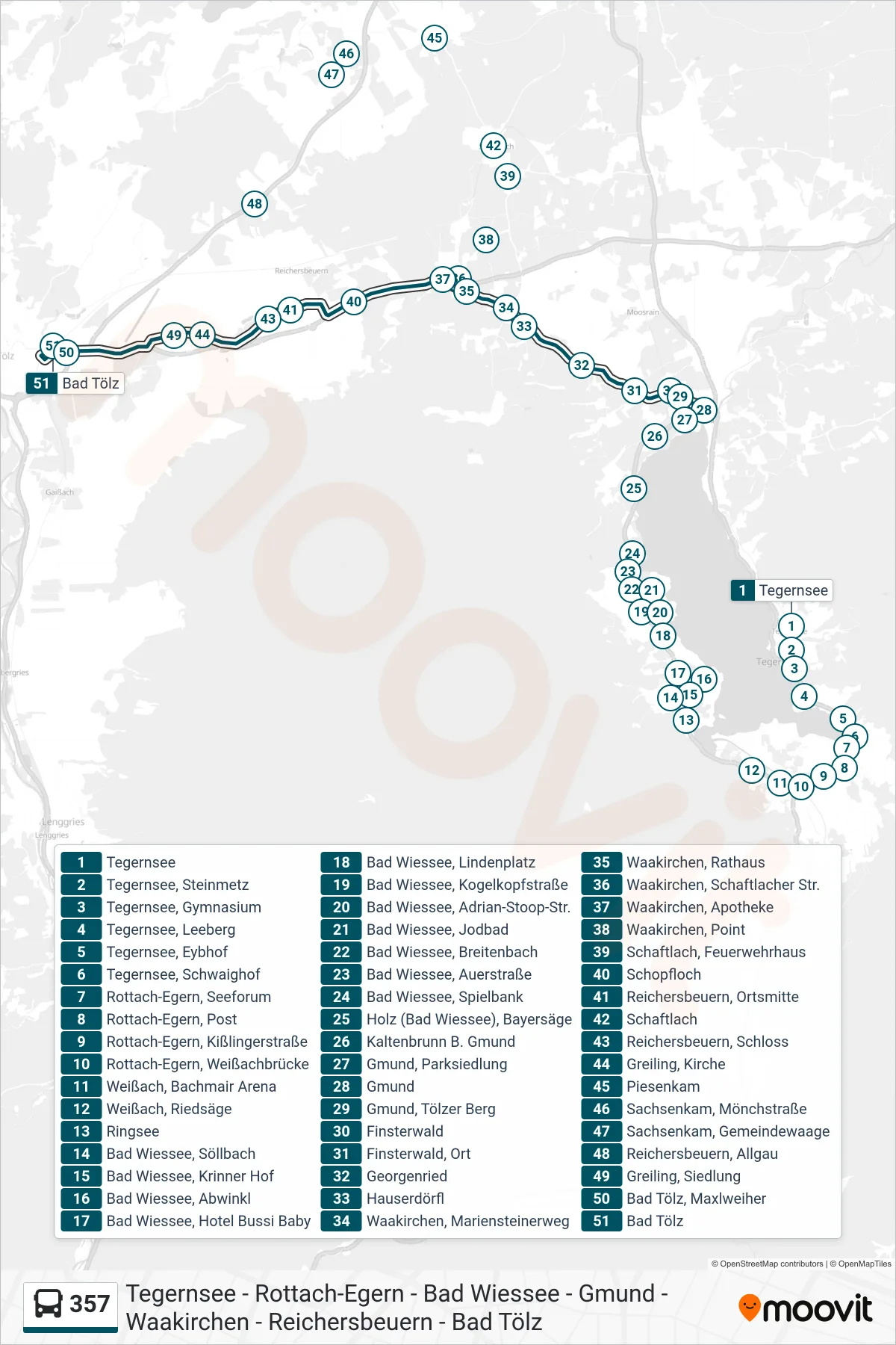 357 bus Line (Bad Tölz) route and stops on a map