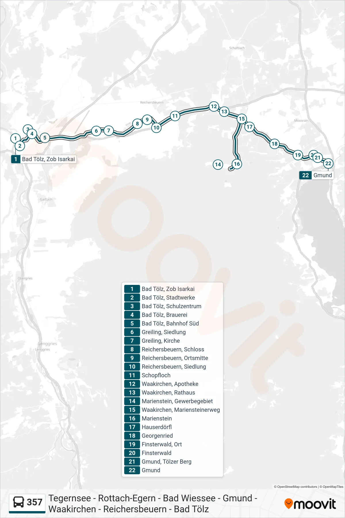 Linie 357 (Bus) Richtung Gmund: Route und Haltestellen auf der Karte