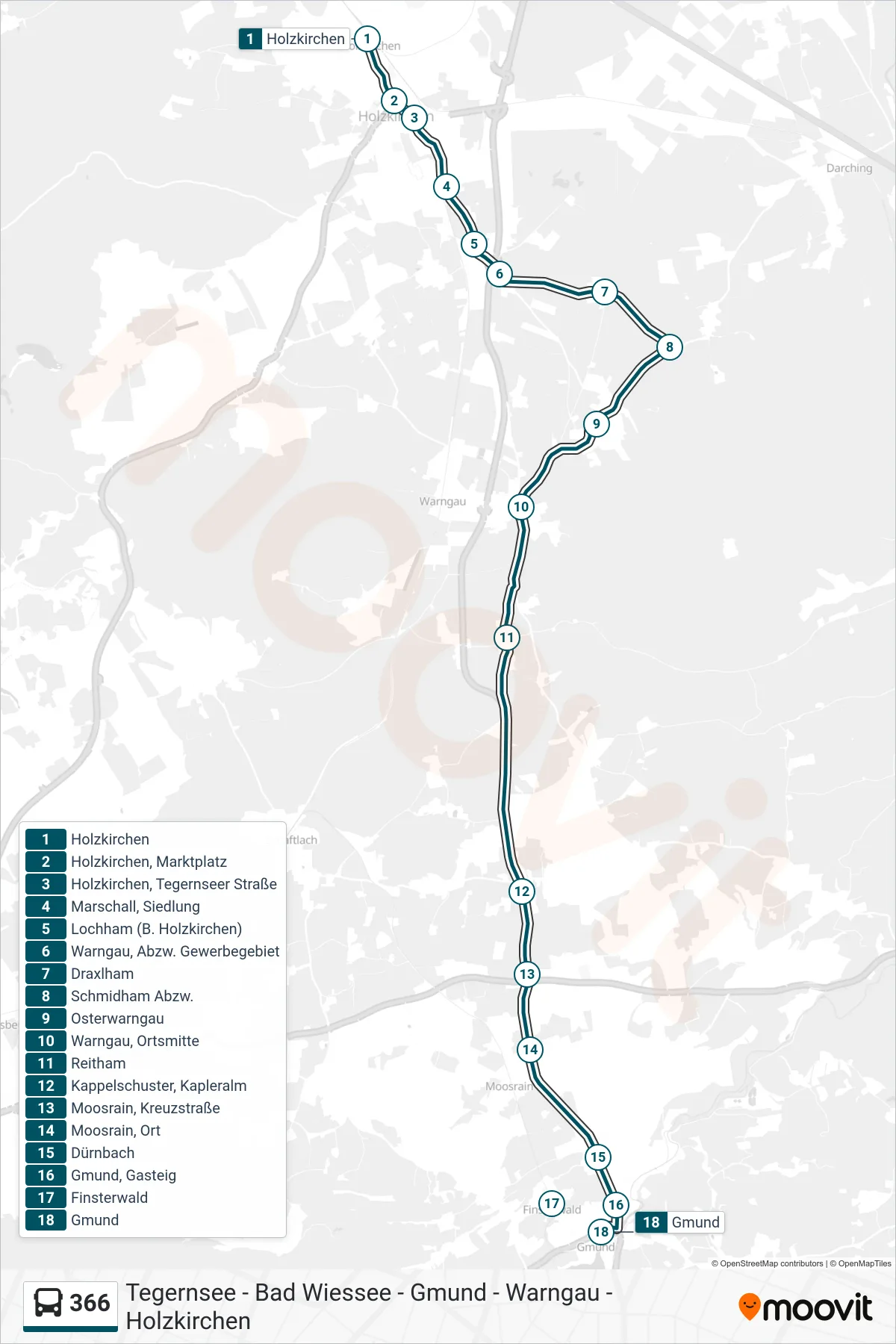 366 bus Line (Gmund) route and stops on a map
