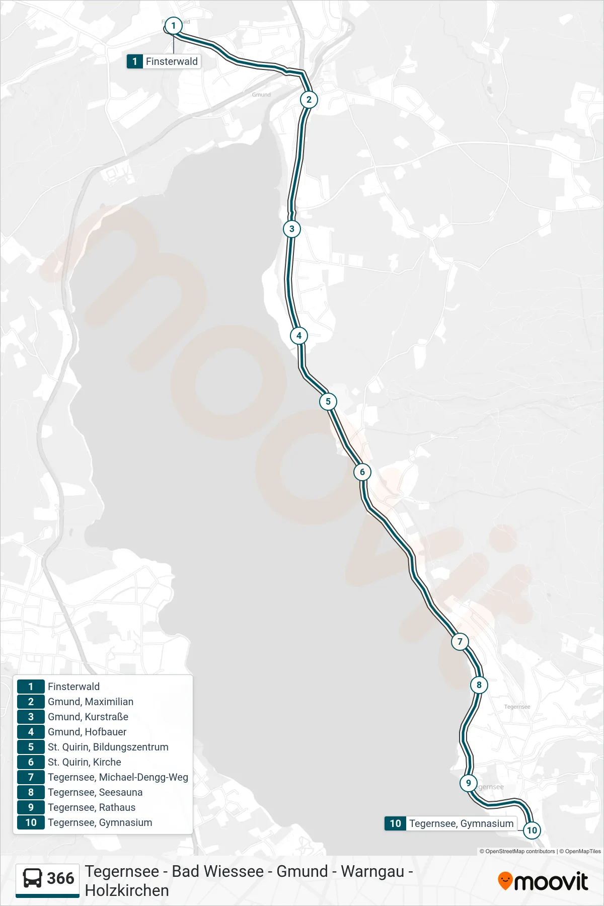 366 bus Line (Gymnasium) route and stops on a map