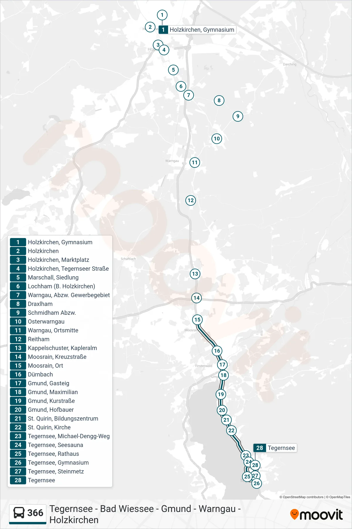 366 bus Line (Tegernsee) route and stops on a map