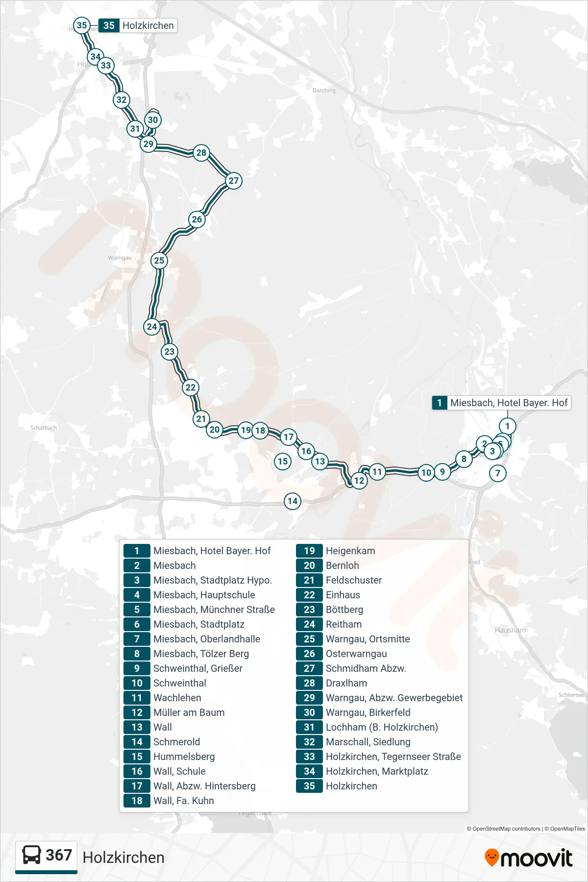 367 bus Line (Holzkirchen) route and stops on a map