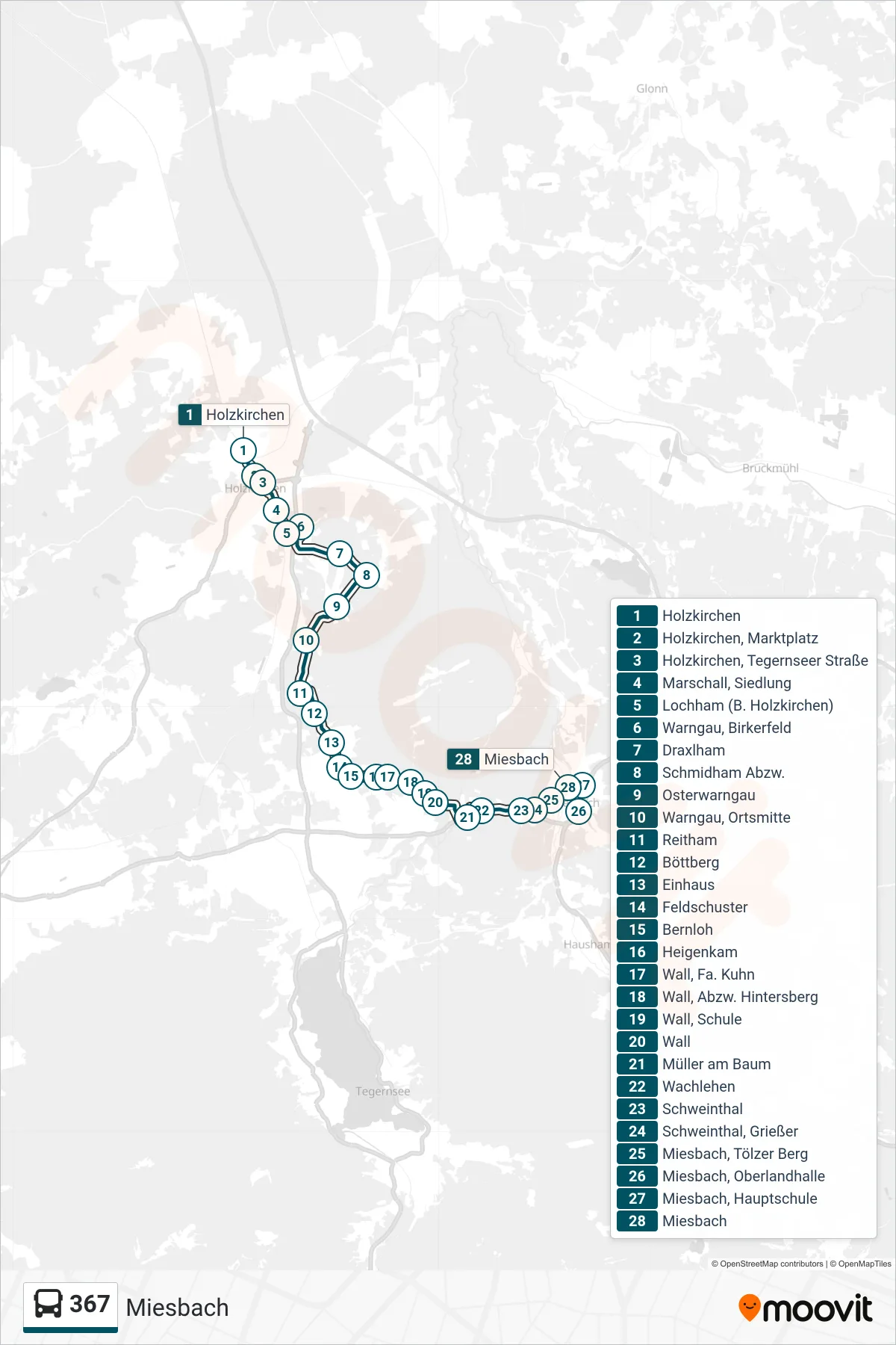 Linie 367 (Bus) Richtung Miesbach: Route und Haltestellen auf der Karte