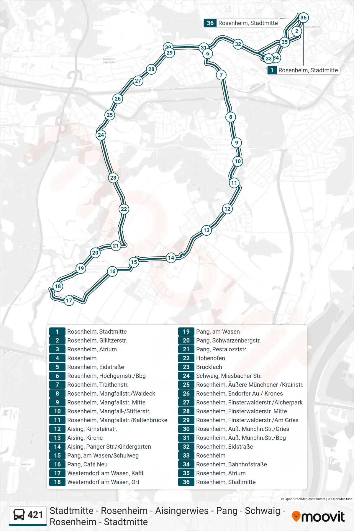 Linie 421 (Bus) Richtung Stadtmitte: Route und Haltestellen auf der Karte