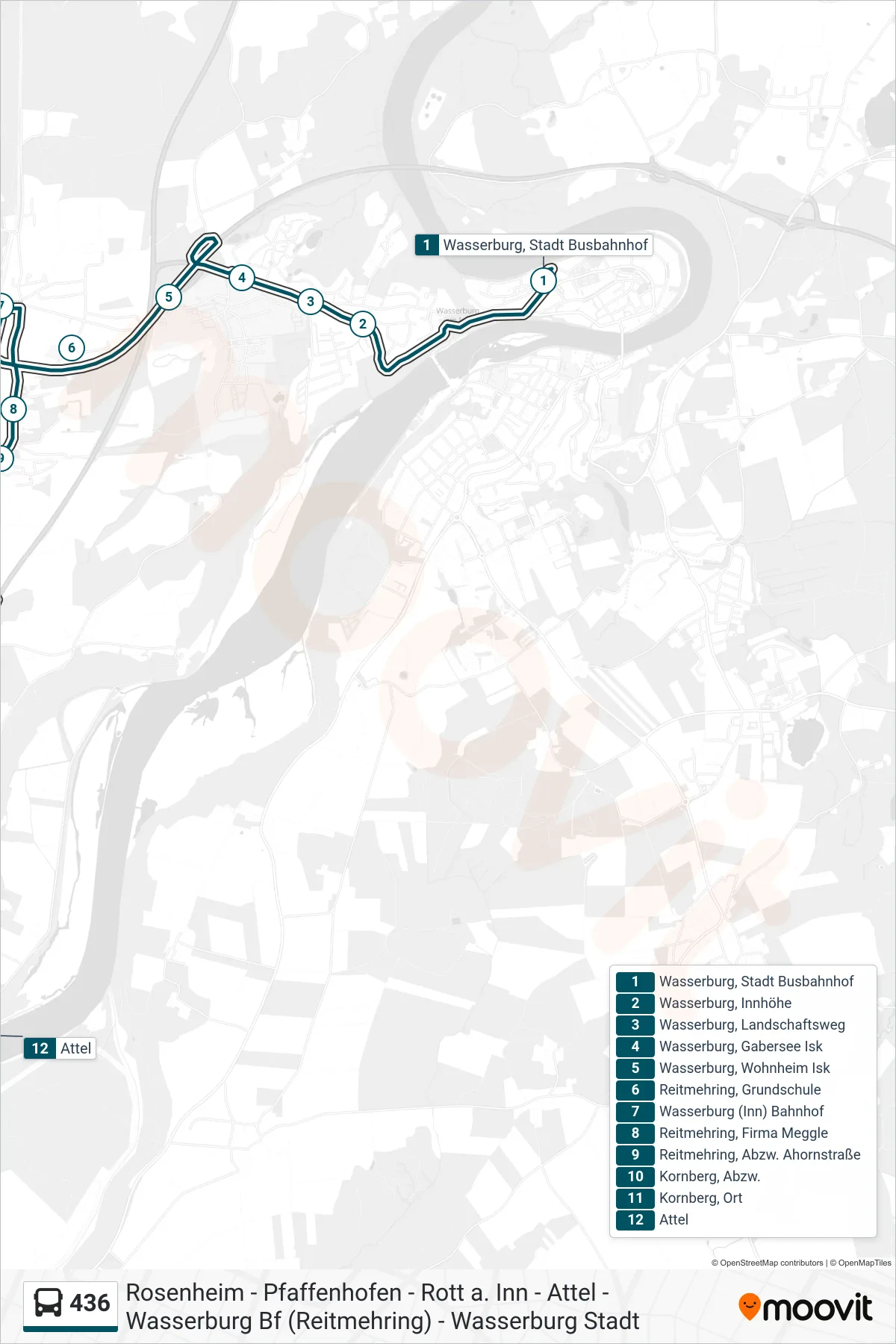 436 bus Line (Attel) route and stops on a map