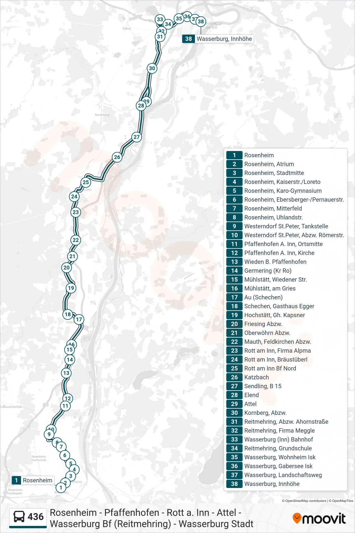 436 bus Line (Innhöhe) route and stops on a map