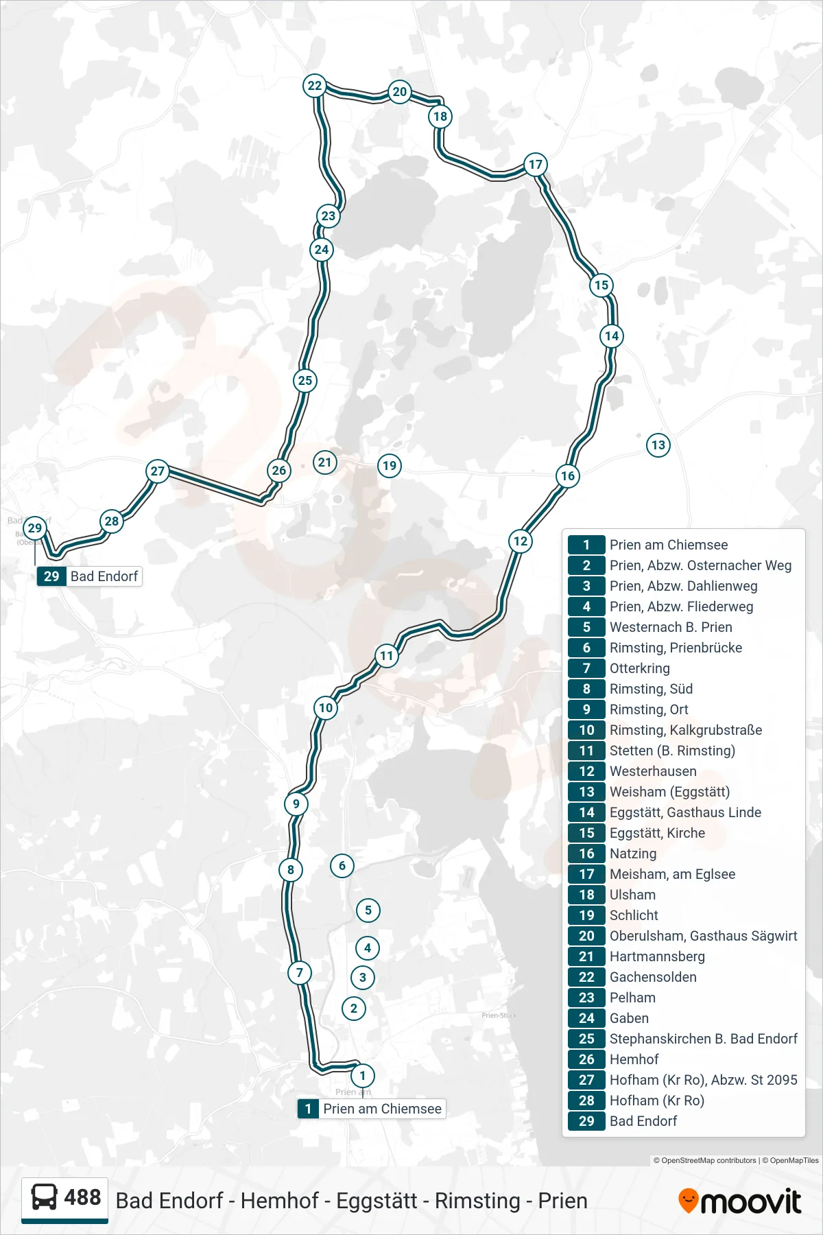488 bus Line (Bad Endorf) route and stops on a map