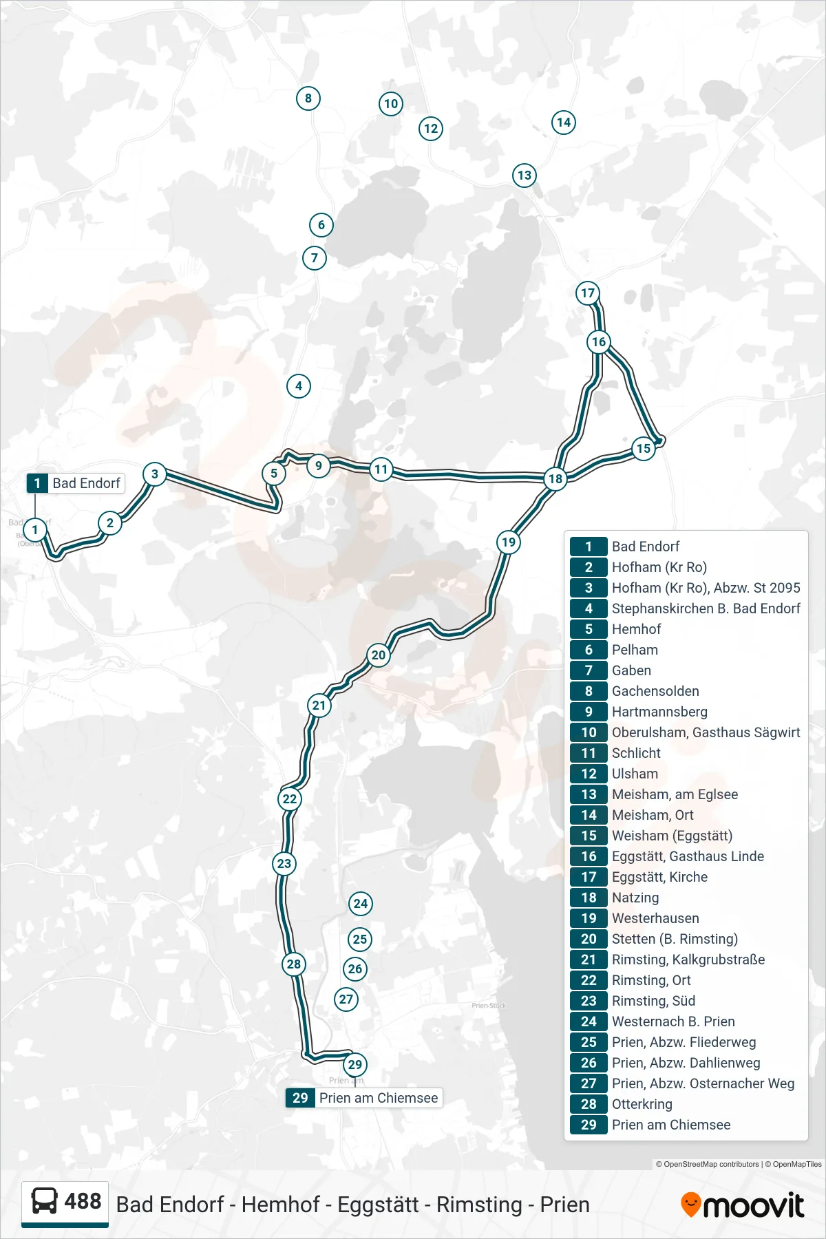 488 bus Line (Prien am Chiemsee) route and stops on a map
