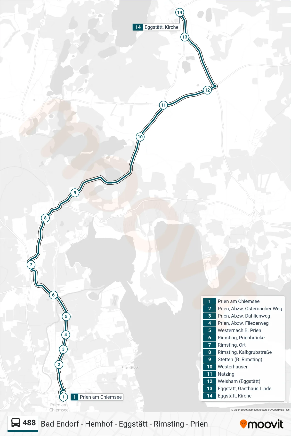 488 bus Line (Kirche) route and stops on a map