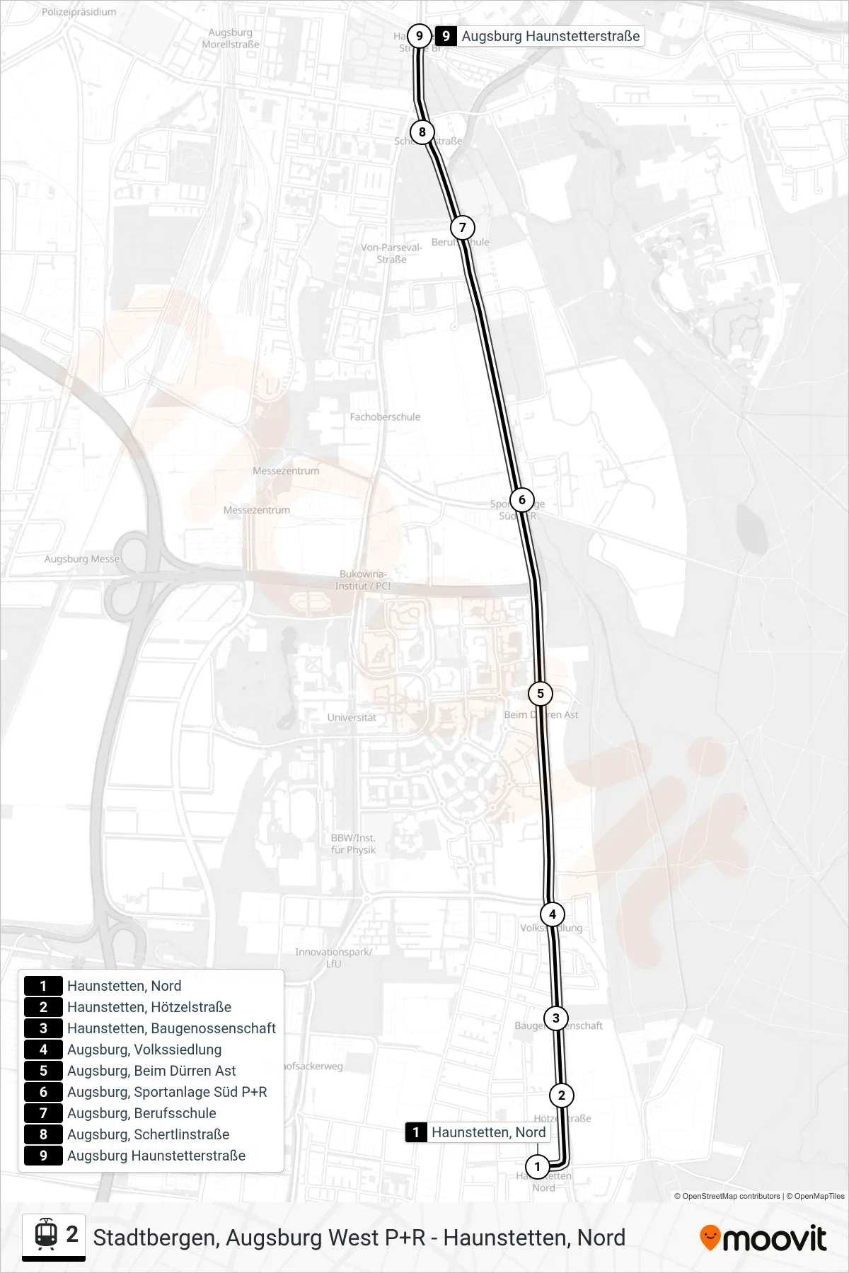Linie 2 (Straßenbahn) Richtung Augsburg Haunstetterstraße: Route und Haltestellen auf der Karte