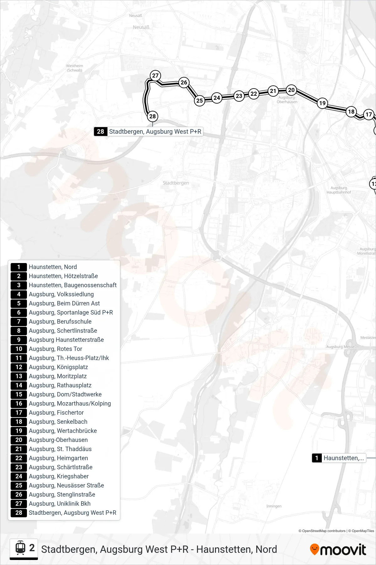 Linie 2 (Straßenbahn) Richtung Stadtbergen, Augsburg West P+R: Route und Haltestellen auf der Karte
