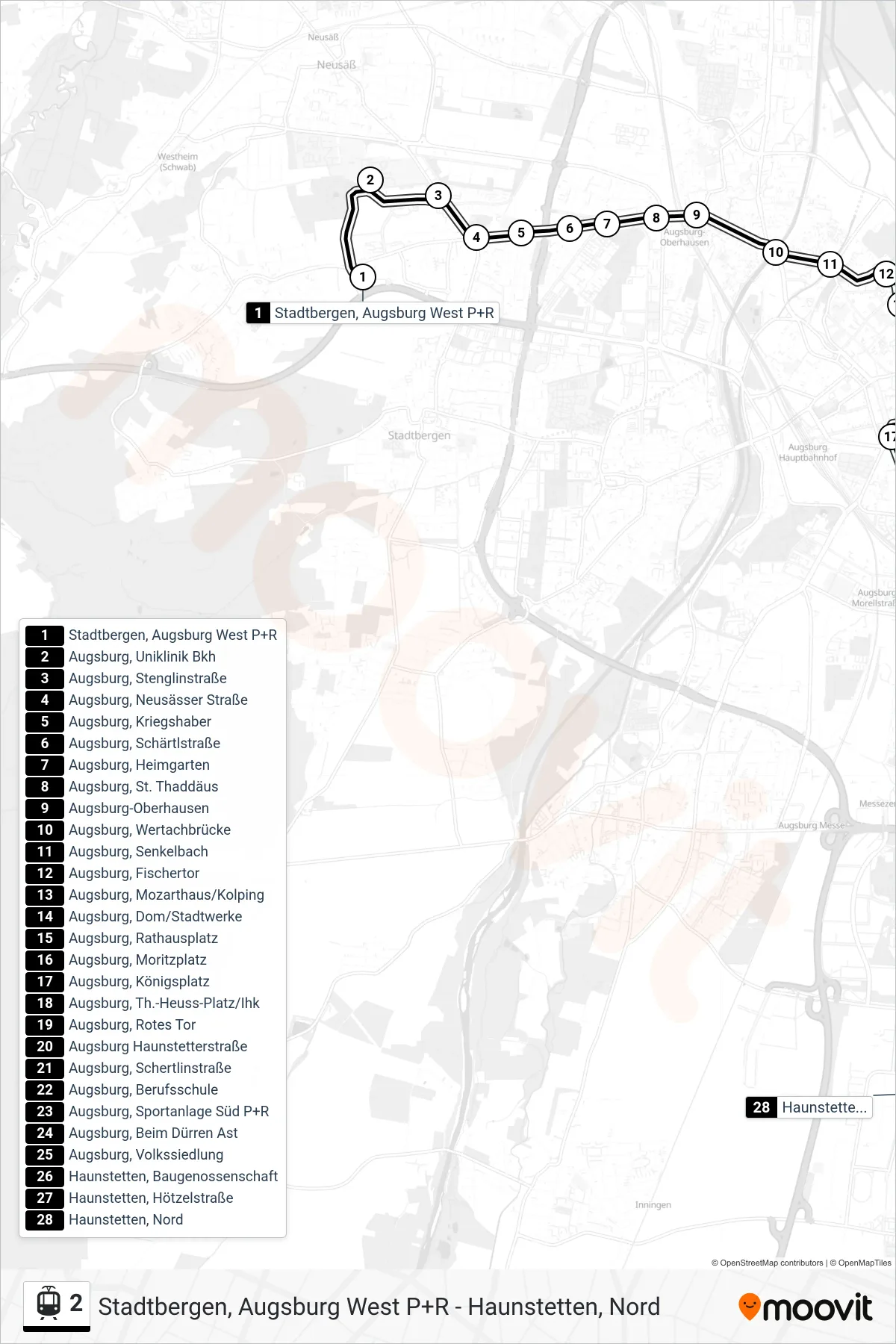 2 light rail Line (Haunstetten, Nord) route and stops on a map