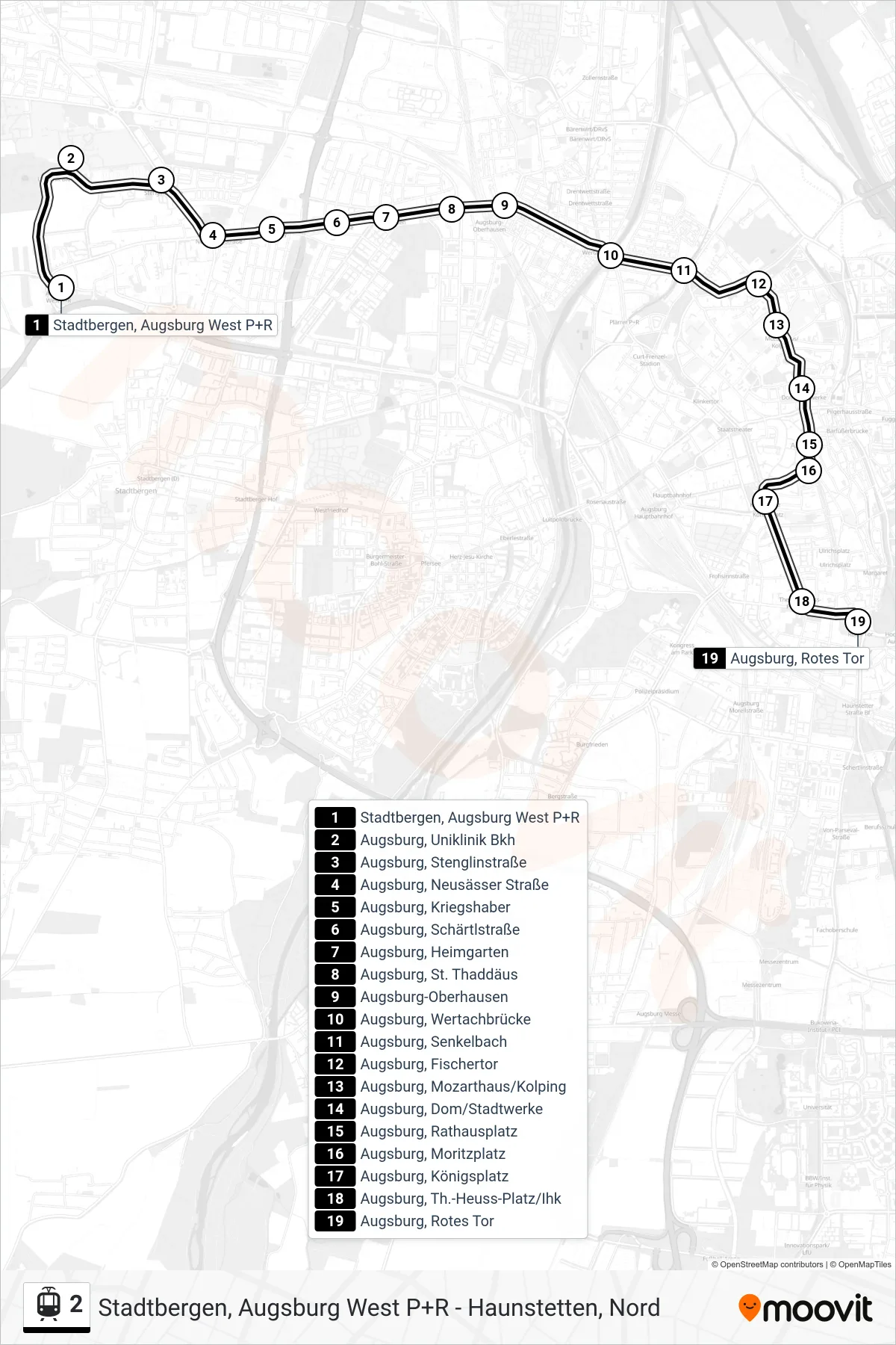 2 light rail Line (Augsburg, Rotes Tor) route and stops on a map