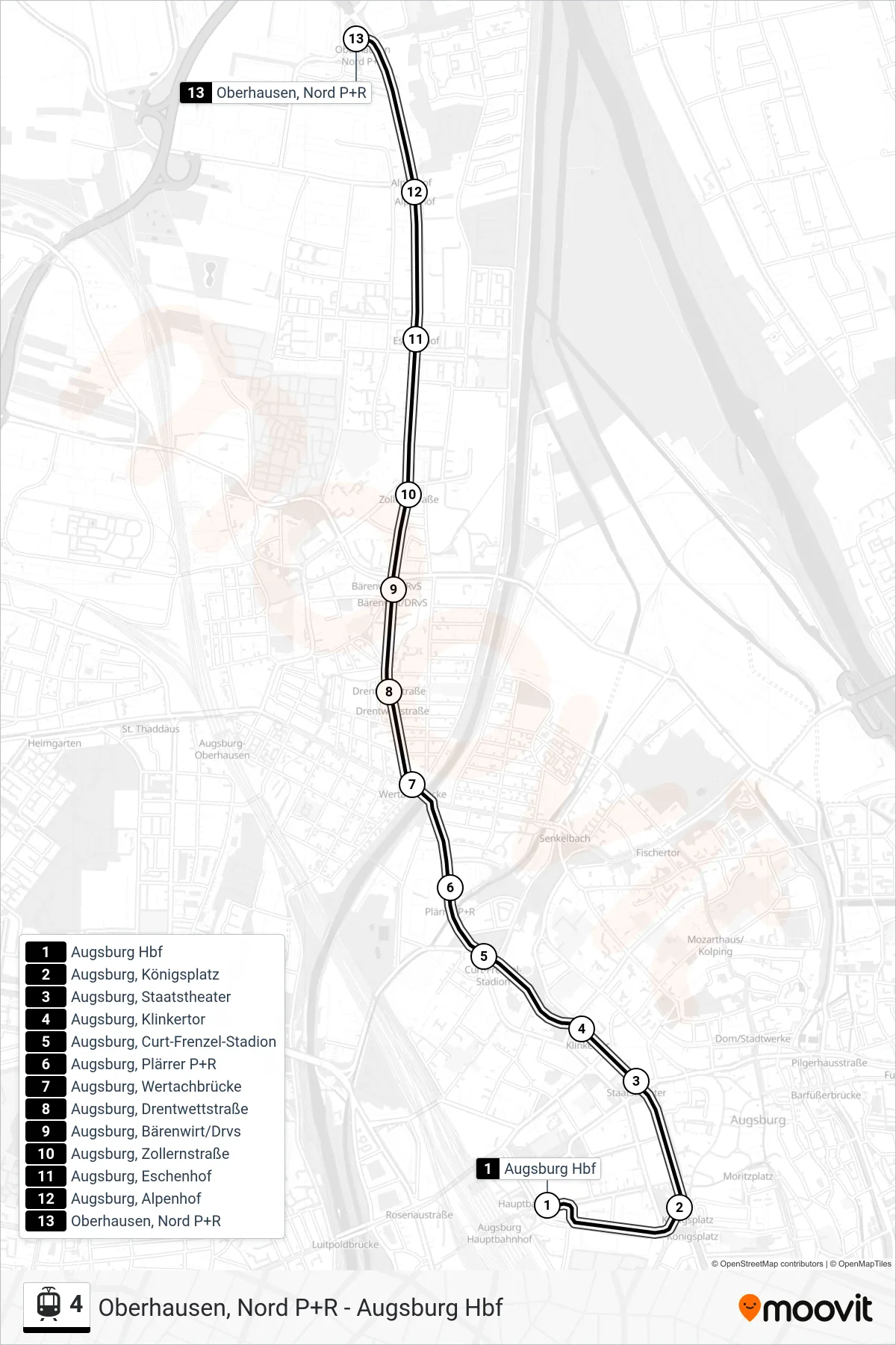 Linie 4 (Straßenbahn) Richtung Oberhausen, Nord P+R: Route und Haltestellen auf der Karte