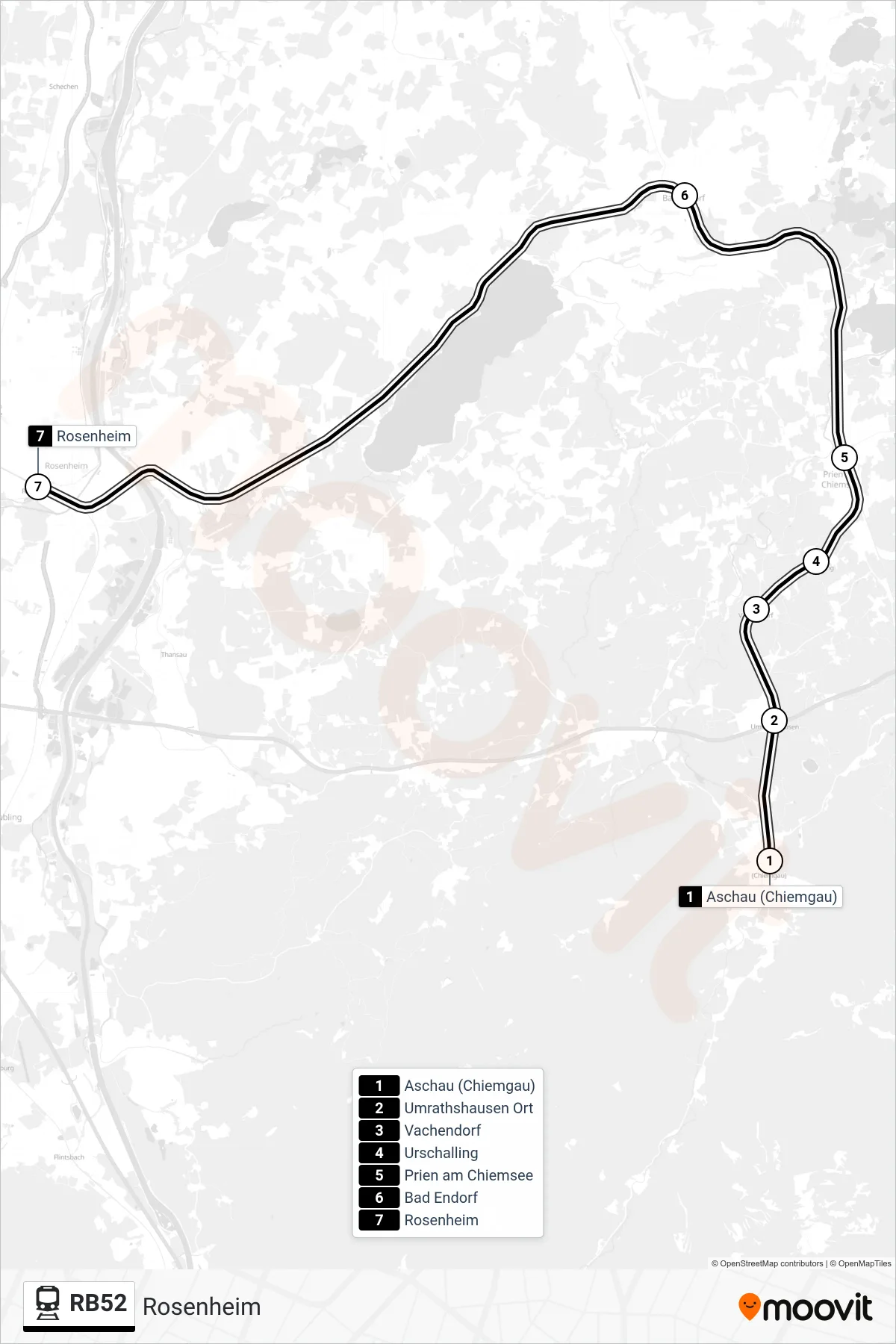 RB52 train Line (Rosenheim) route and stops on a map