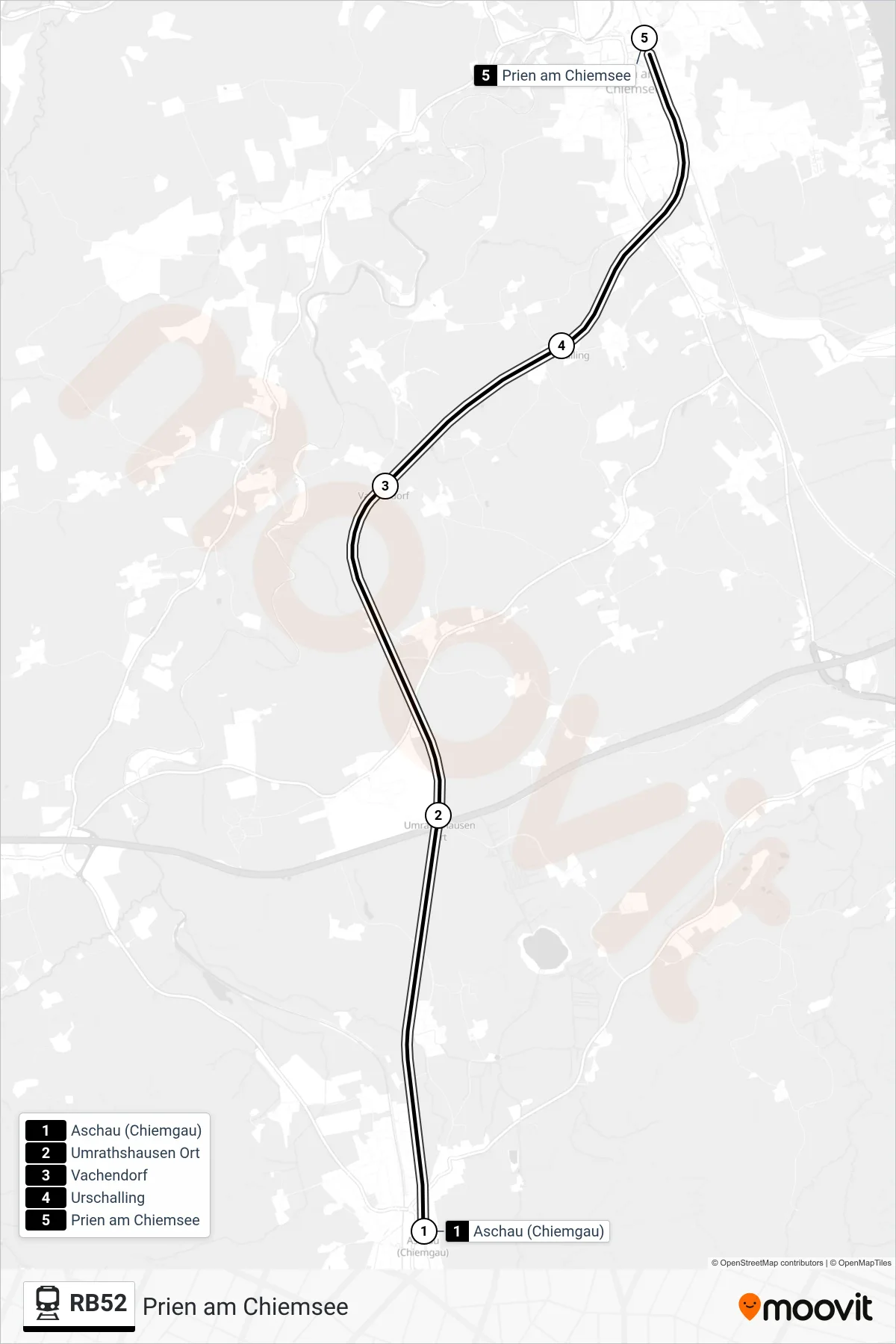 RB52 rail Line (Prien am Chiemsee) route and stops on a map