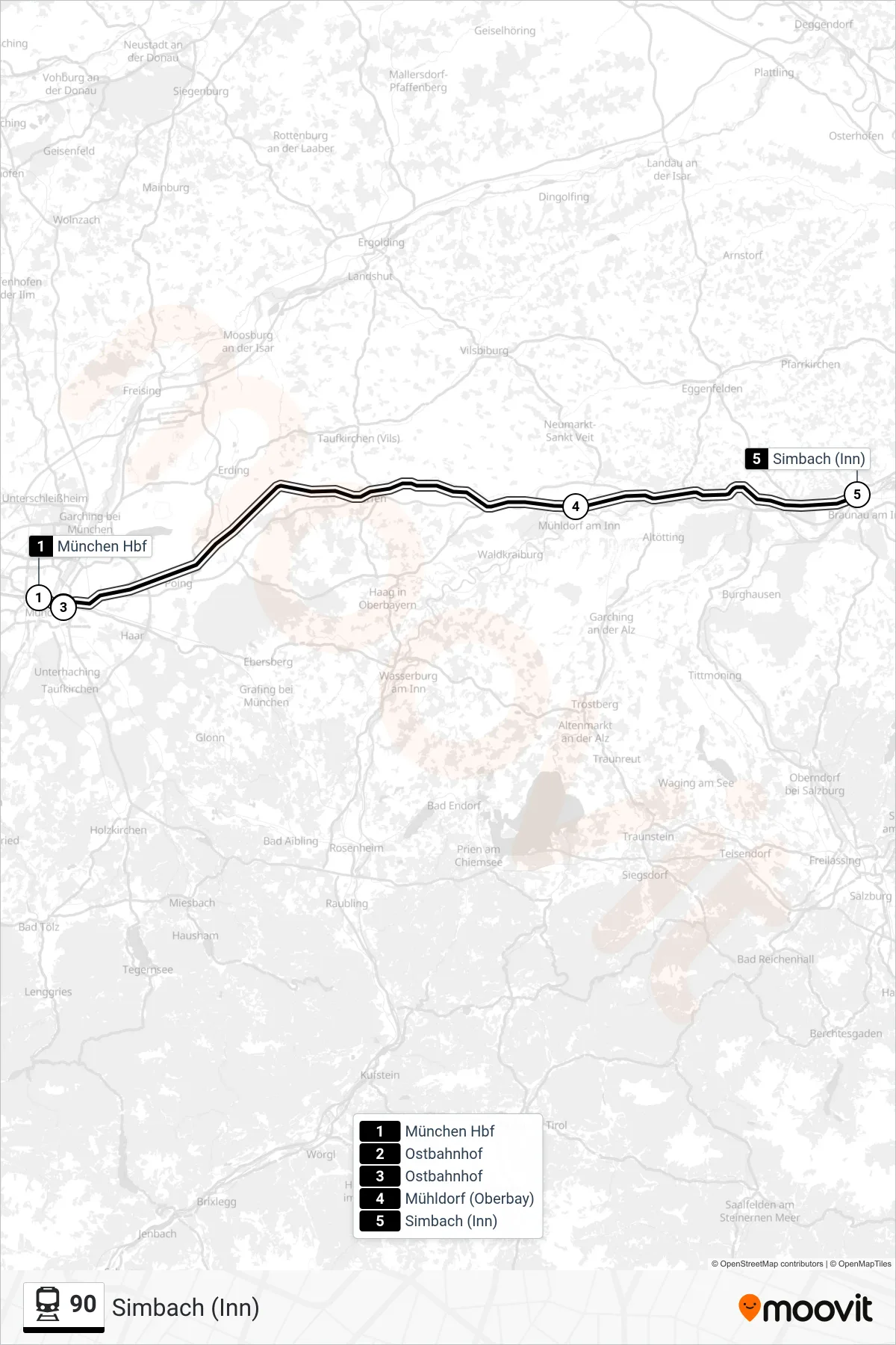 Linie 90 (Bahn) Richtung Simbach (Inn): Route und Haltestellen auf der Karte