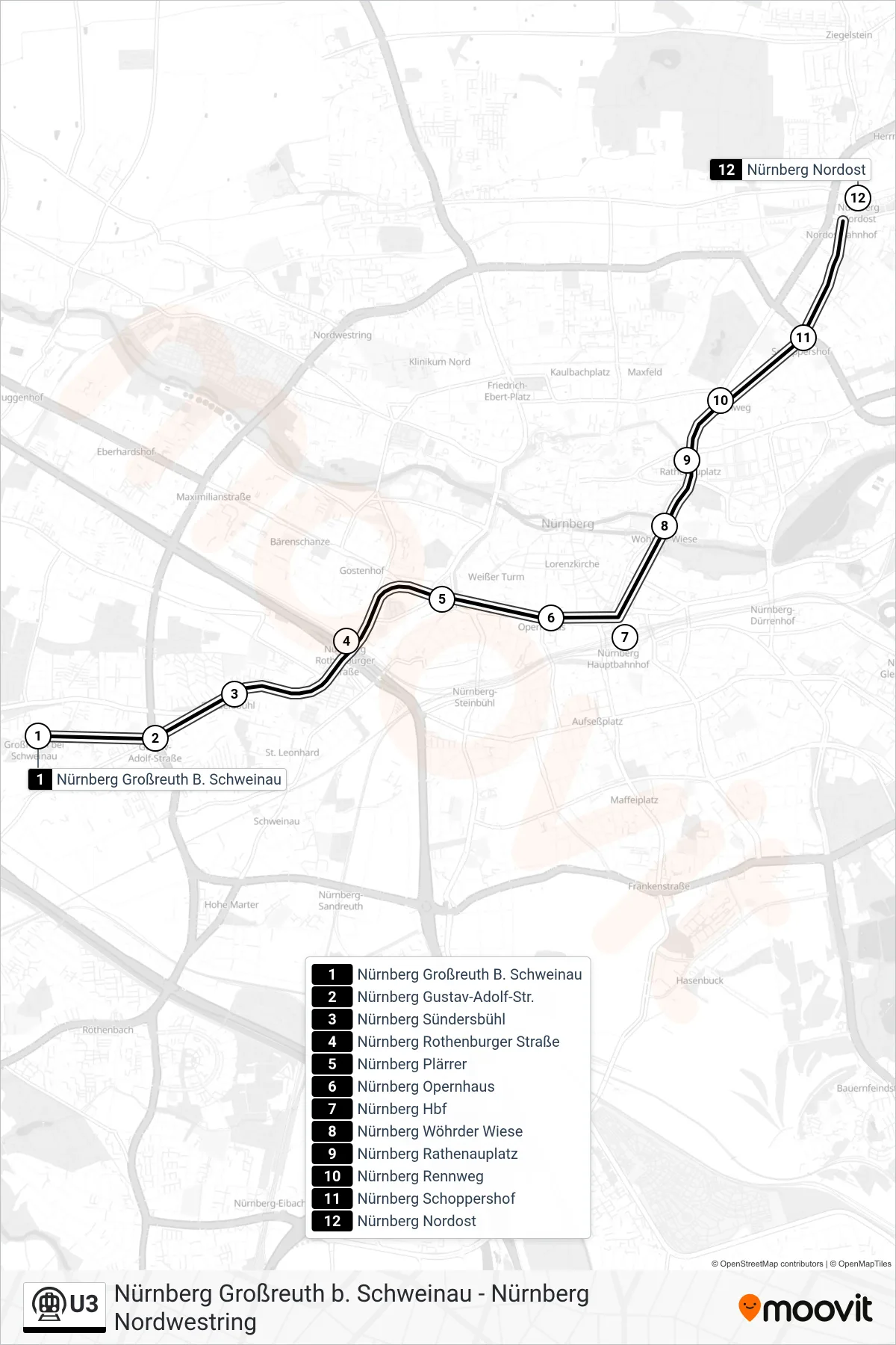 Linie U3 (U-Bahn) Richtung Nordostbahnhof: Route und Haltestellen auf der Karte