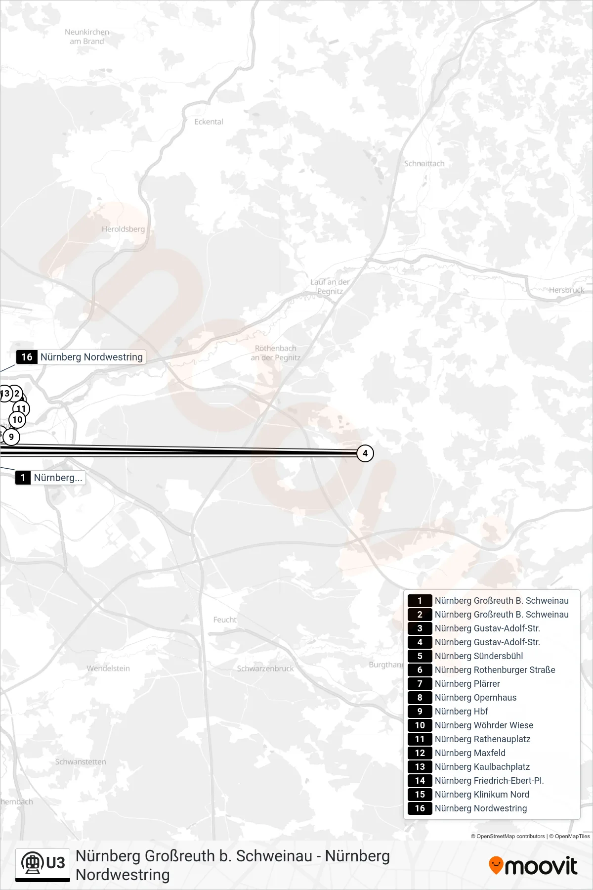 U3 subway Line (Nordwestring) route and stops on a map