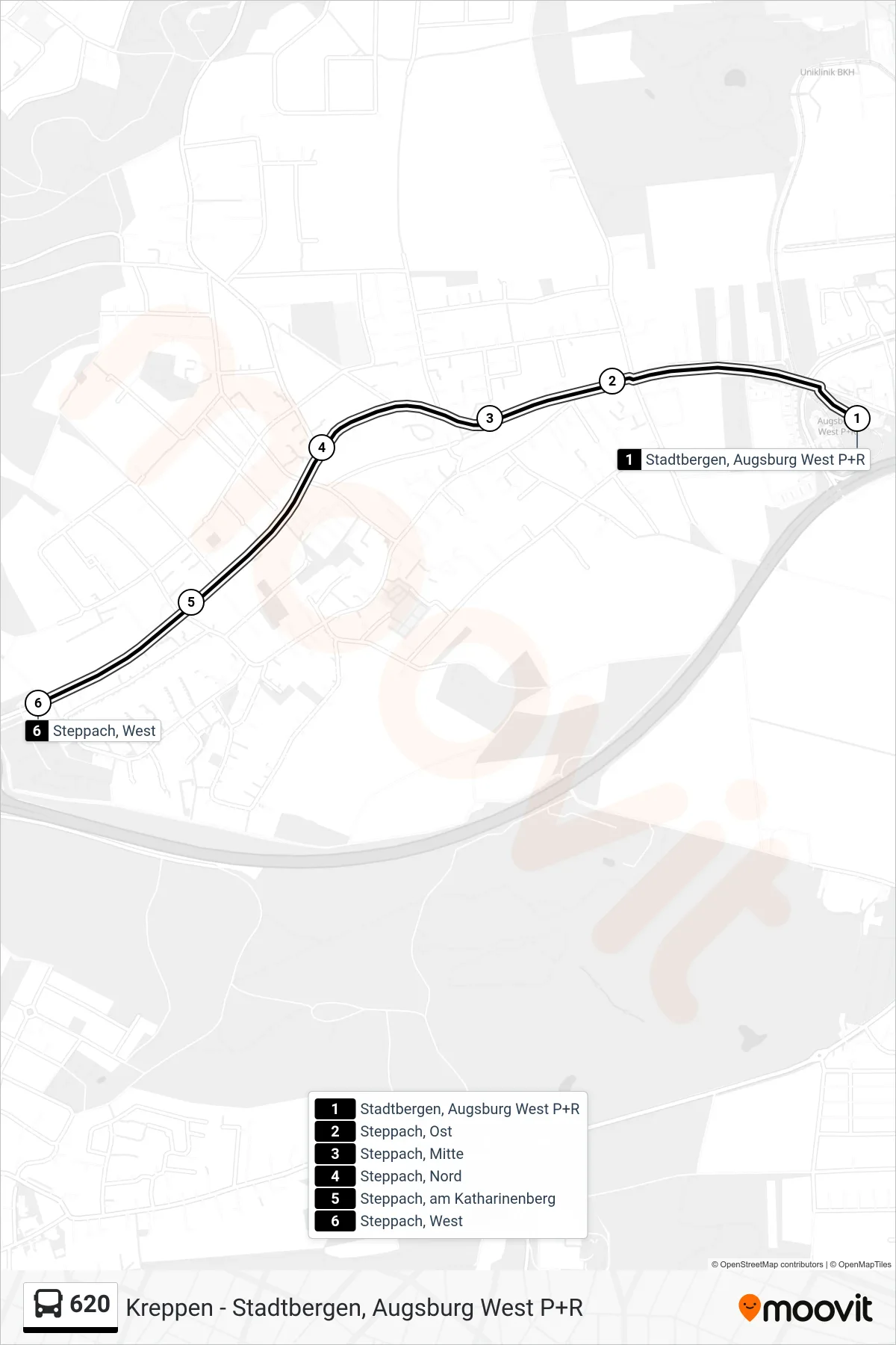 Linie 620 (Bus) Richtung Steppach, West: Route und Haltestellen auf der Karte
