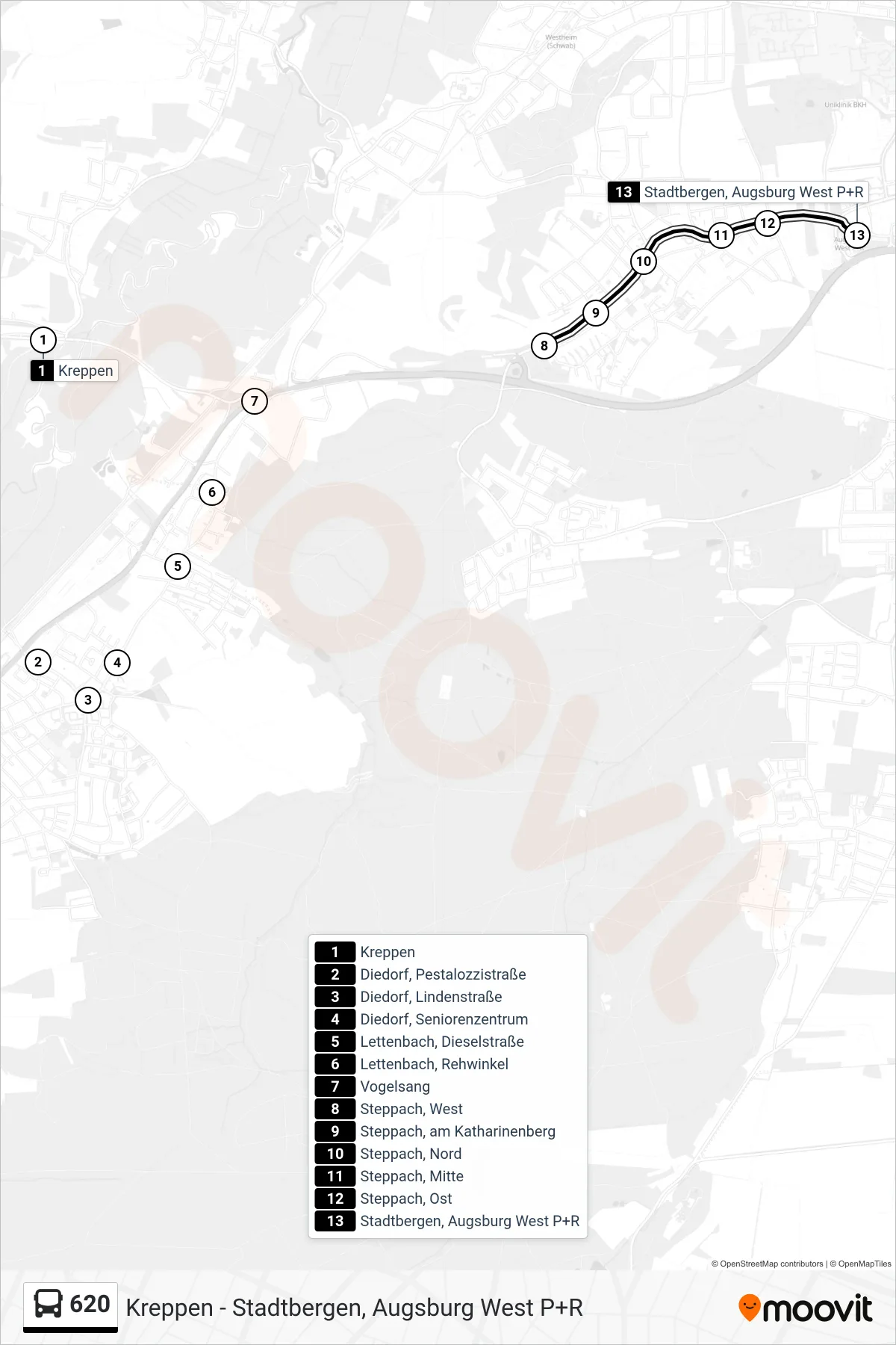 620 bus Line (Stadtbergen, Augsburg West P+R) route and stops on a map