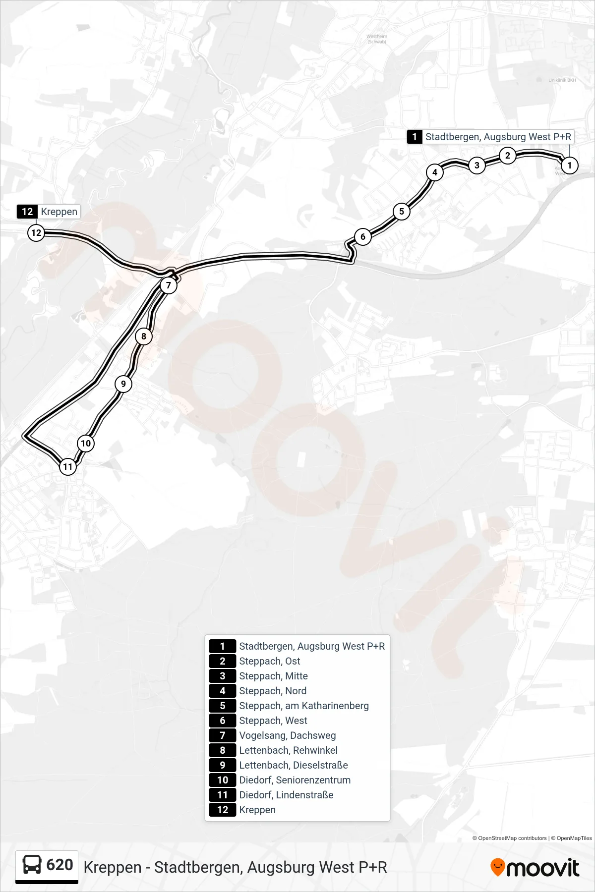 620 bus Line (Kreppen) route and stops on a map