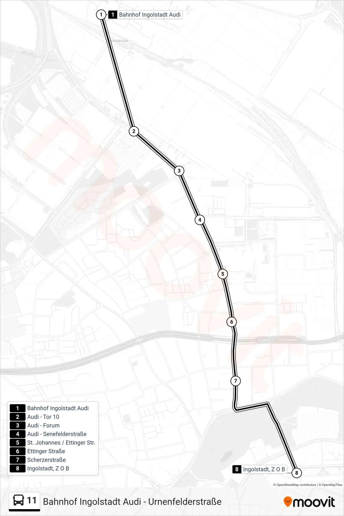 11 bus Line (Z O B) route and stops on a map