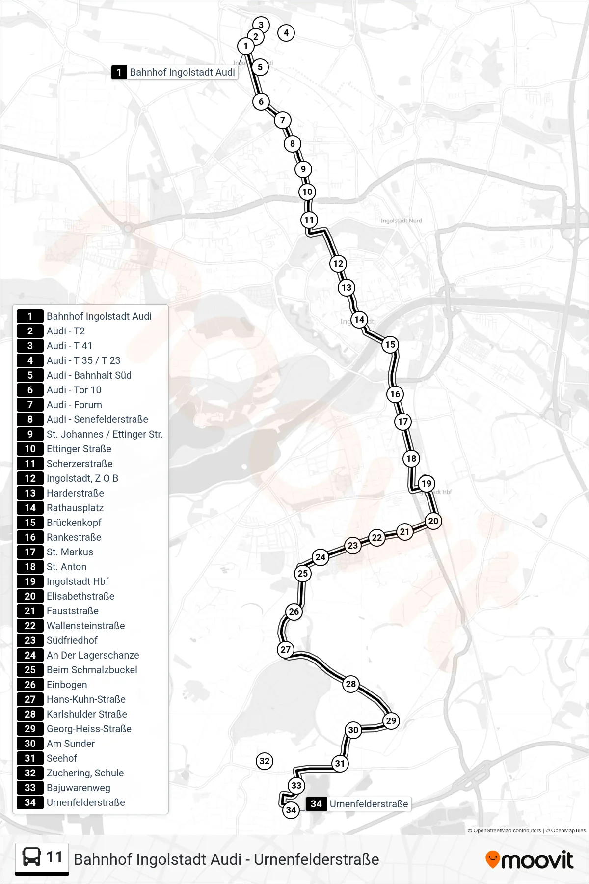 11 bus Line (Urnenfelderstraße) route and stops on a map
