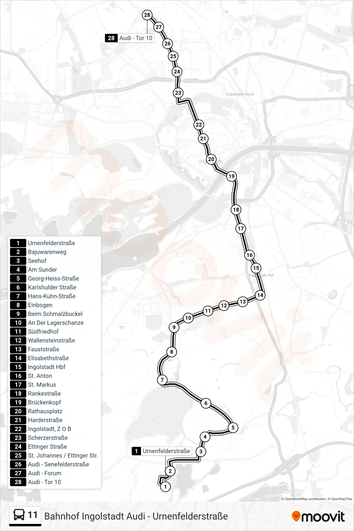 11 bus Line (Audi Tor 10) route and stops on a map